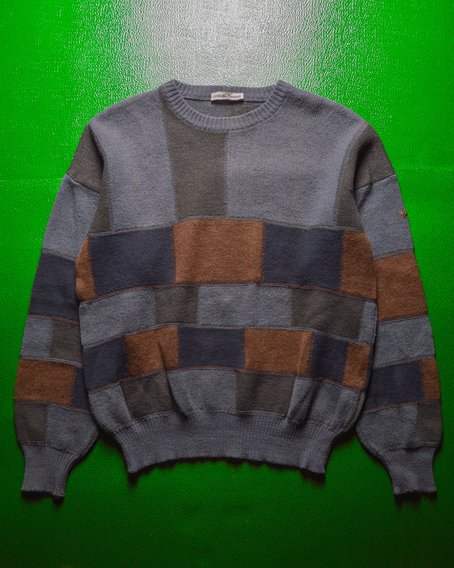 80s Green Navy Brick Block Pattern Alpaca Wool Knit Jumper (~L~)