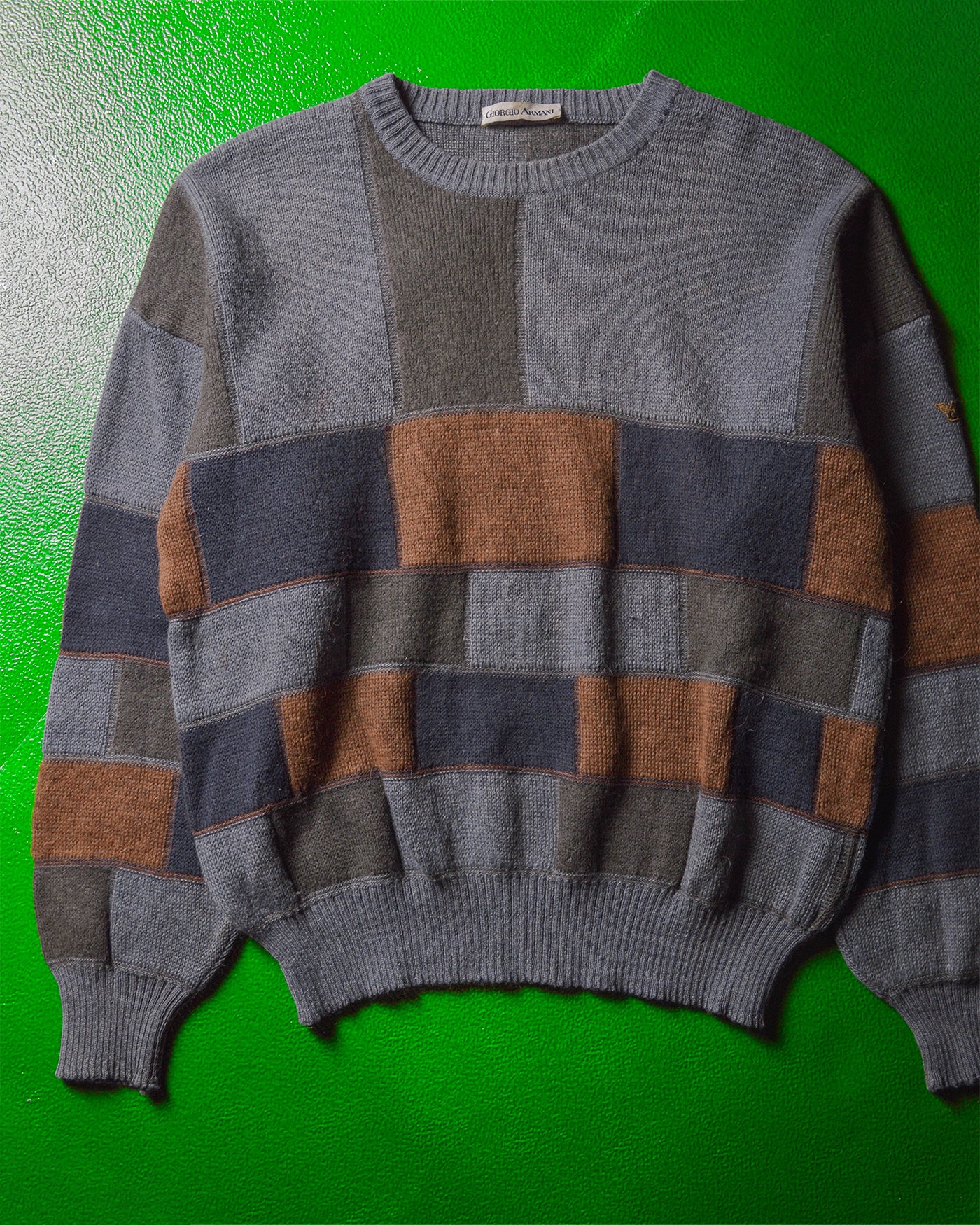 80s Green Navy Brick Block Pattern Alpaca Wool Knit Jumper (~L~)