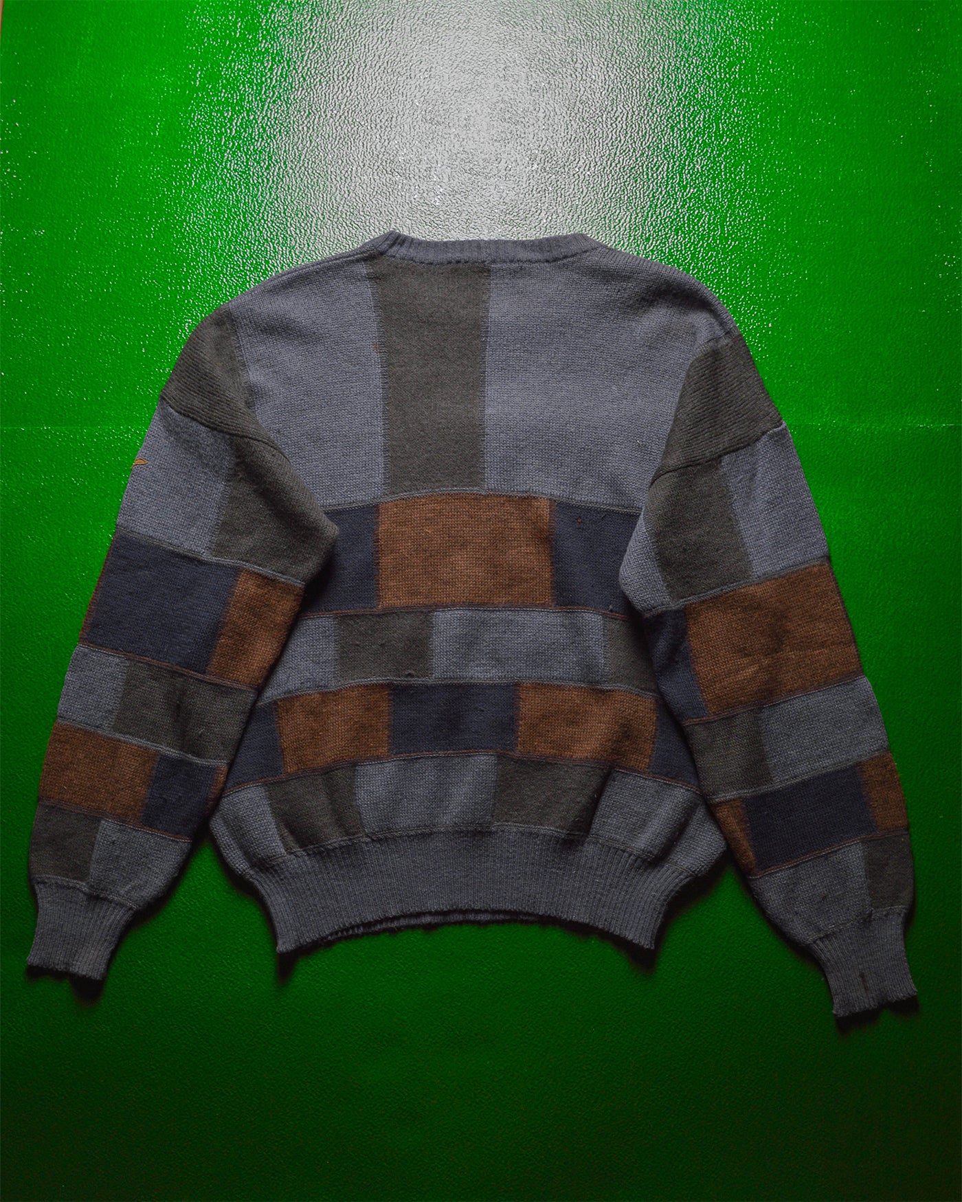 80s Green Navy Brick Block Pattern Alpaca Wool Knit Jumper (~L~)