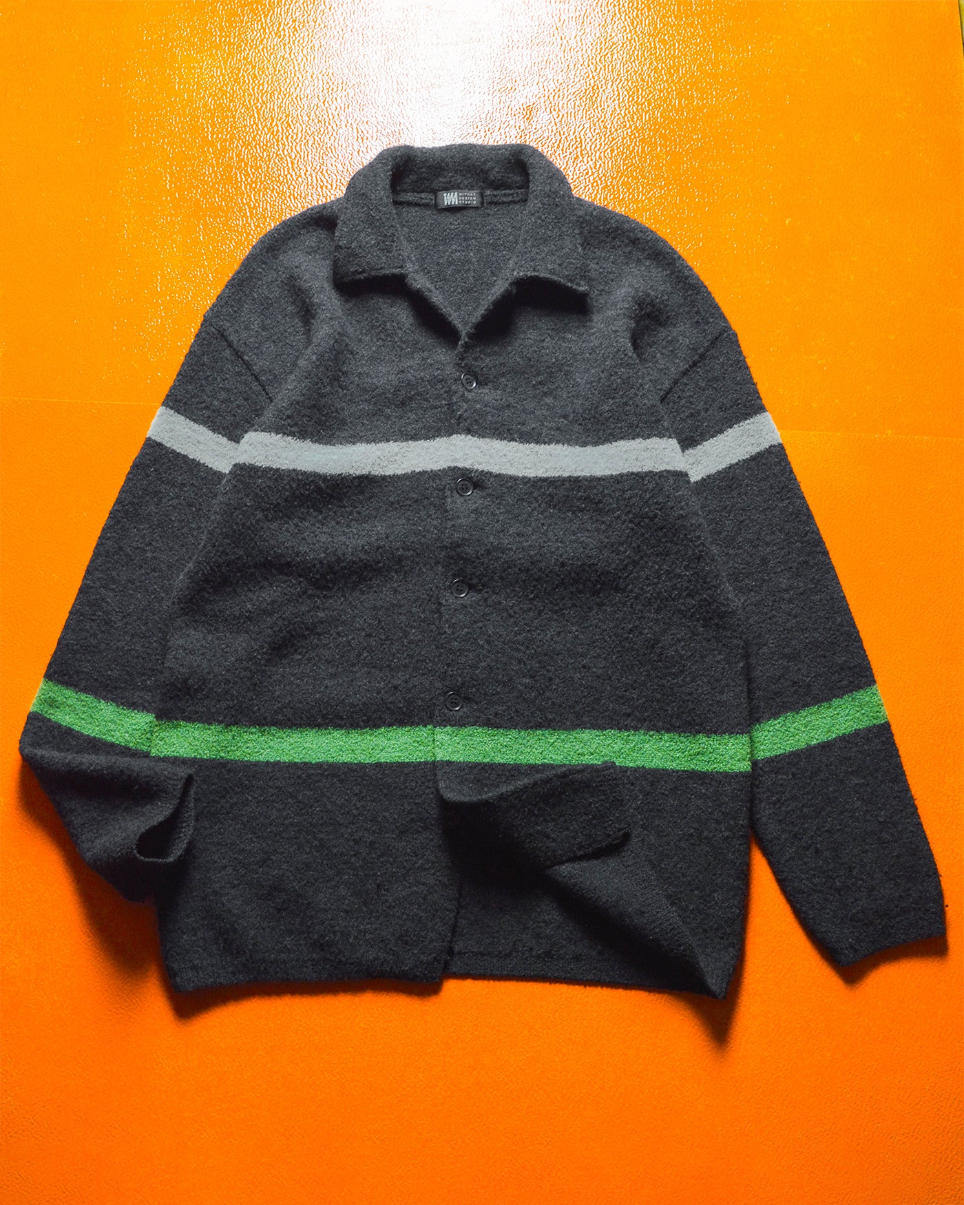 Wool Blend Striped Grey / Green / White Collared Button Up Sweater / Cardigan (L~XL)