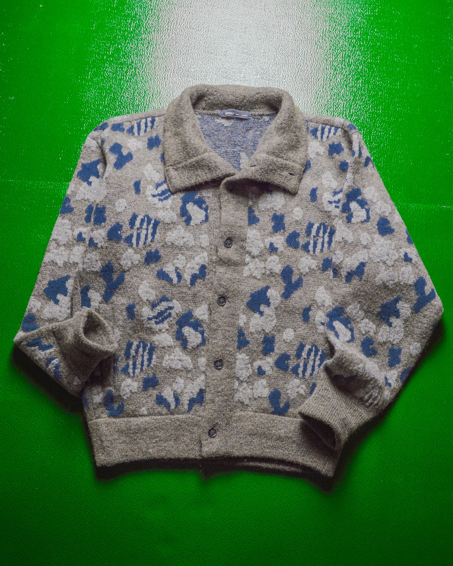 80s Blue Grey Abstract Pattern Button Up Knit Sweater (L~XL)