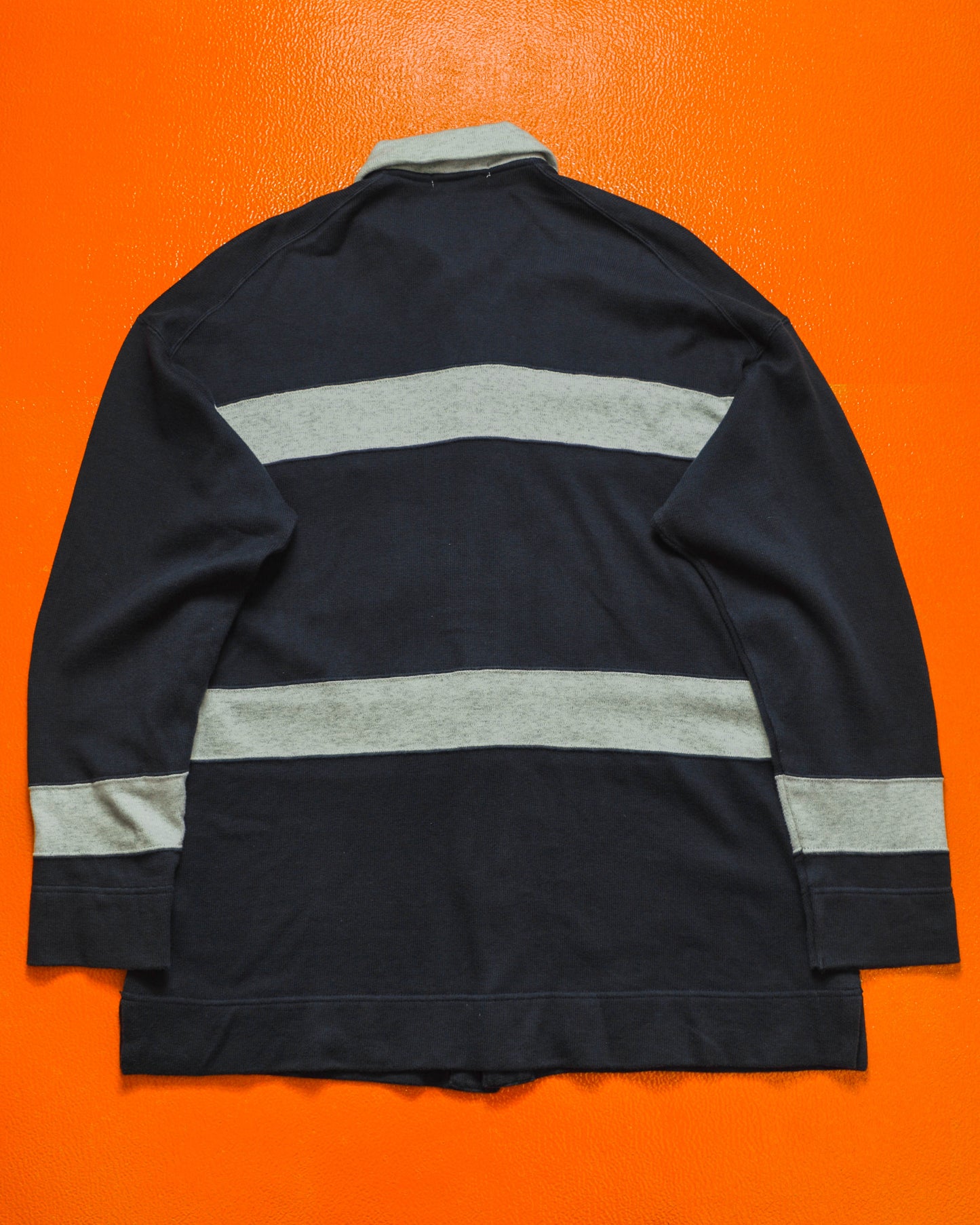 90s Design Studio Striped Long Sleeve Button Navy Grey Knit Polo (L)
