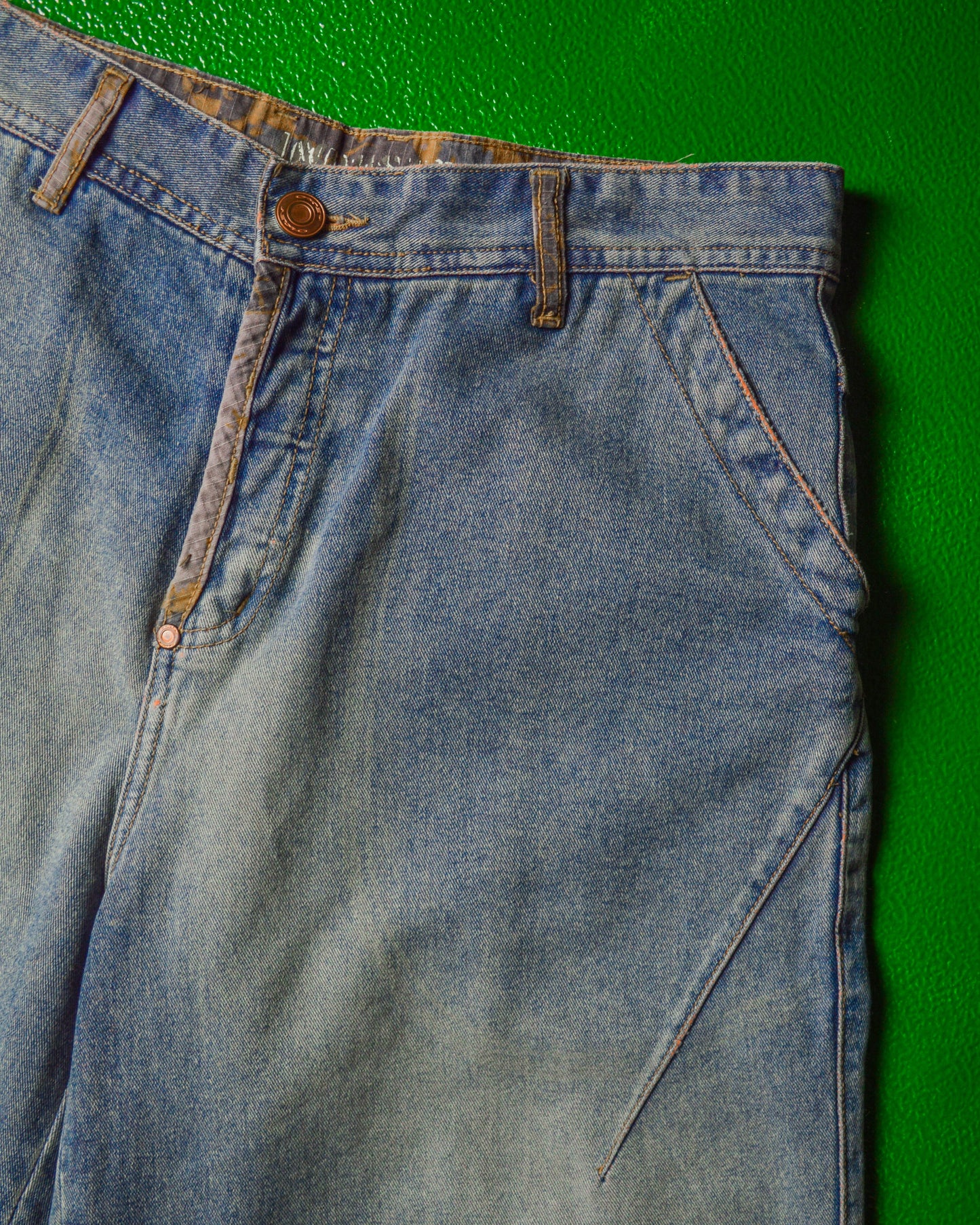 Reconstructed Asymmetrical Desert Camo Trim Denim Jorts Shorts (30)