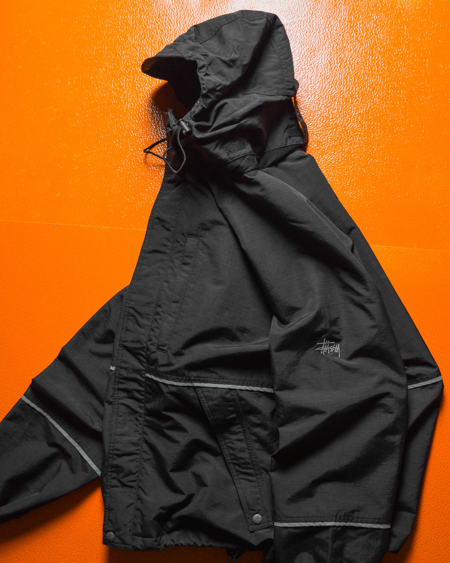 Late 90s Black Ripstop Embroidered Sleeve Logo Windbreaker Jacket (M~L)