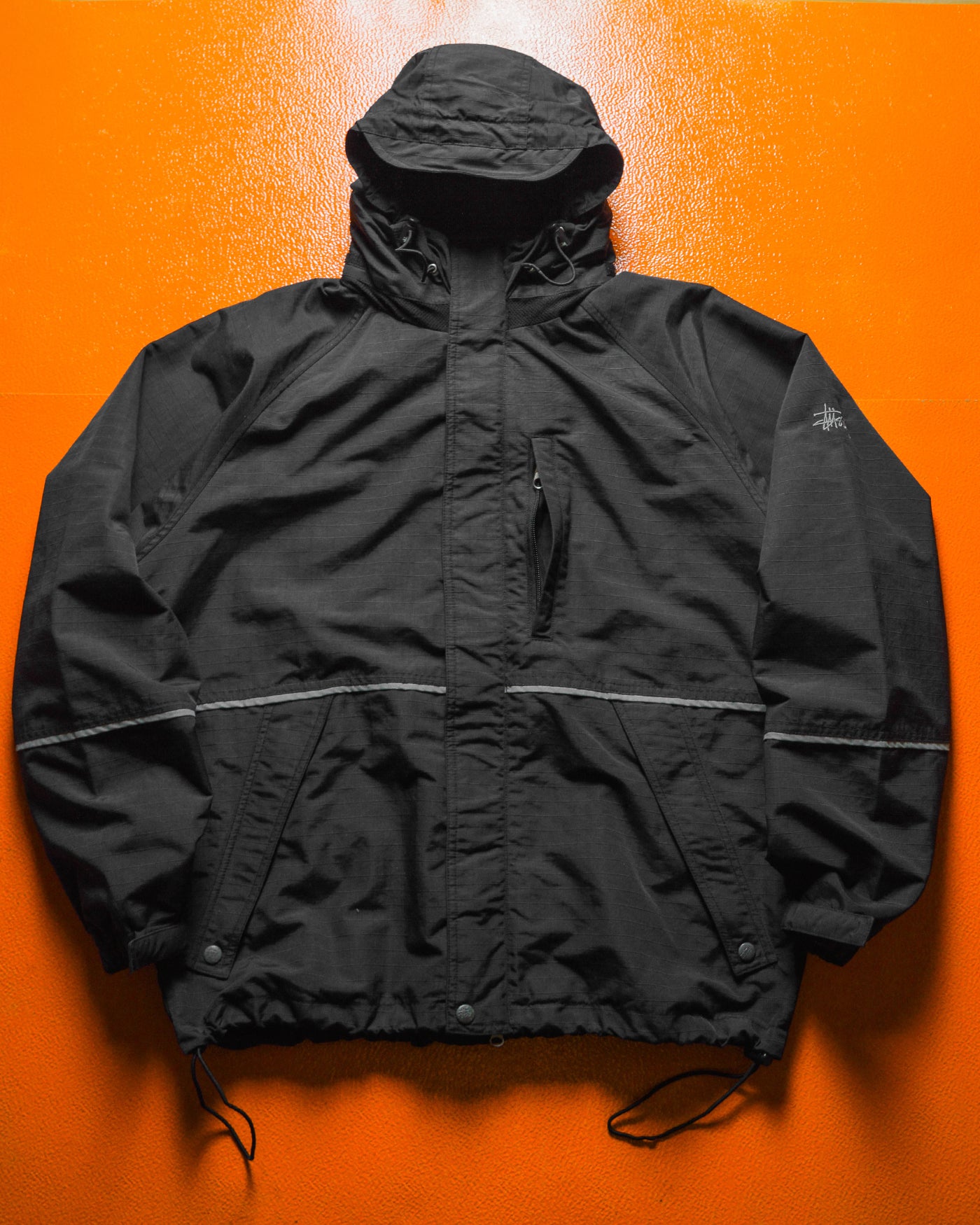 Late 90s Black Ripstop Embroidered Sleeve Logo Windbreaker Jacket (M~L)