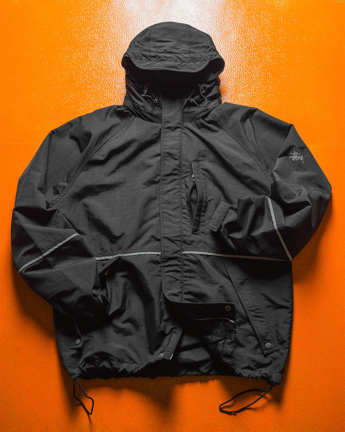 Late 90s Black Ripstop Embroidered Sleeve Logo Windbreaker Jacket (M~L)