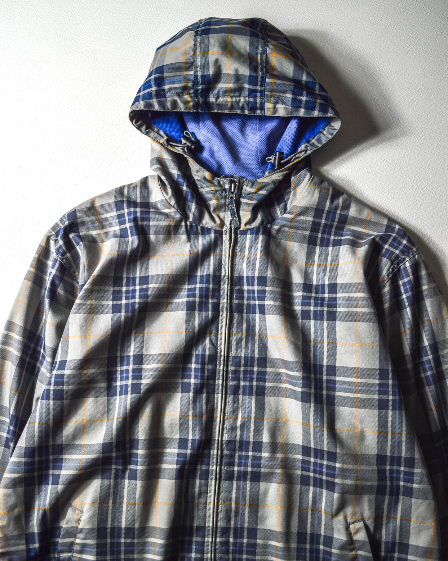 Early 2000s Plaid Mesh Lined Grey Blue Orange Windbreaker Jacket (L)
