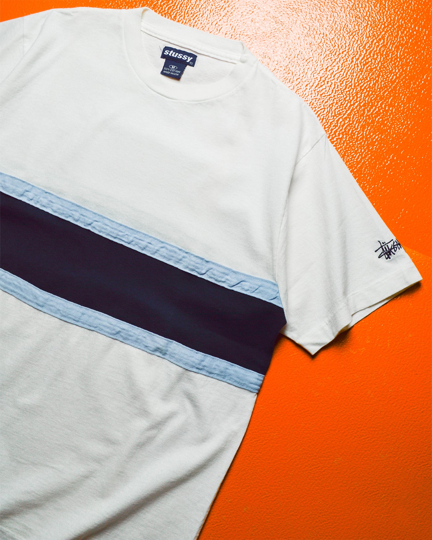 Early 2000s White Blue Half Striped Sleeve Logo T-shirt (M).