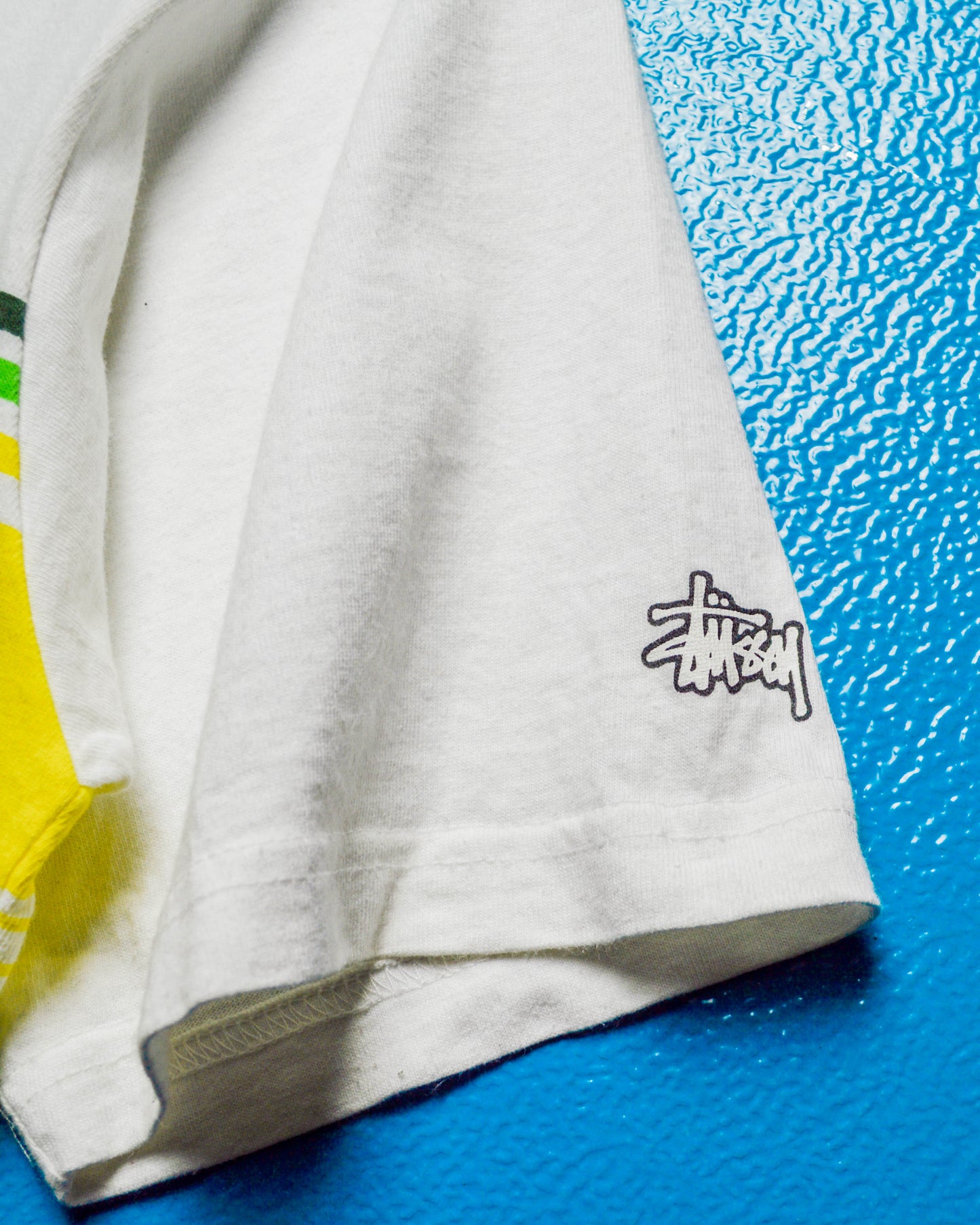 Early 2000s White Green Yellow Half Striped Sleeve Logo T-shirt (~L~)