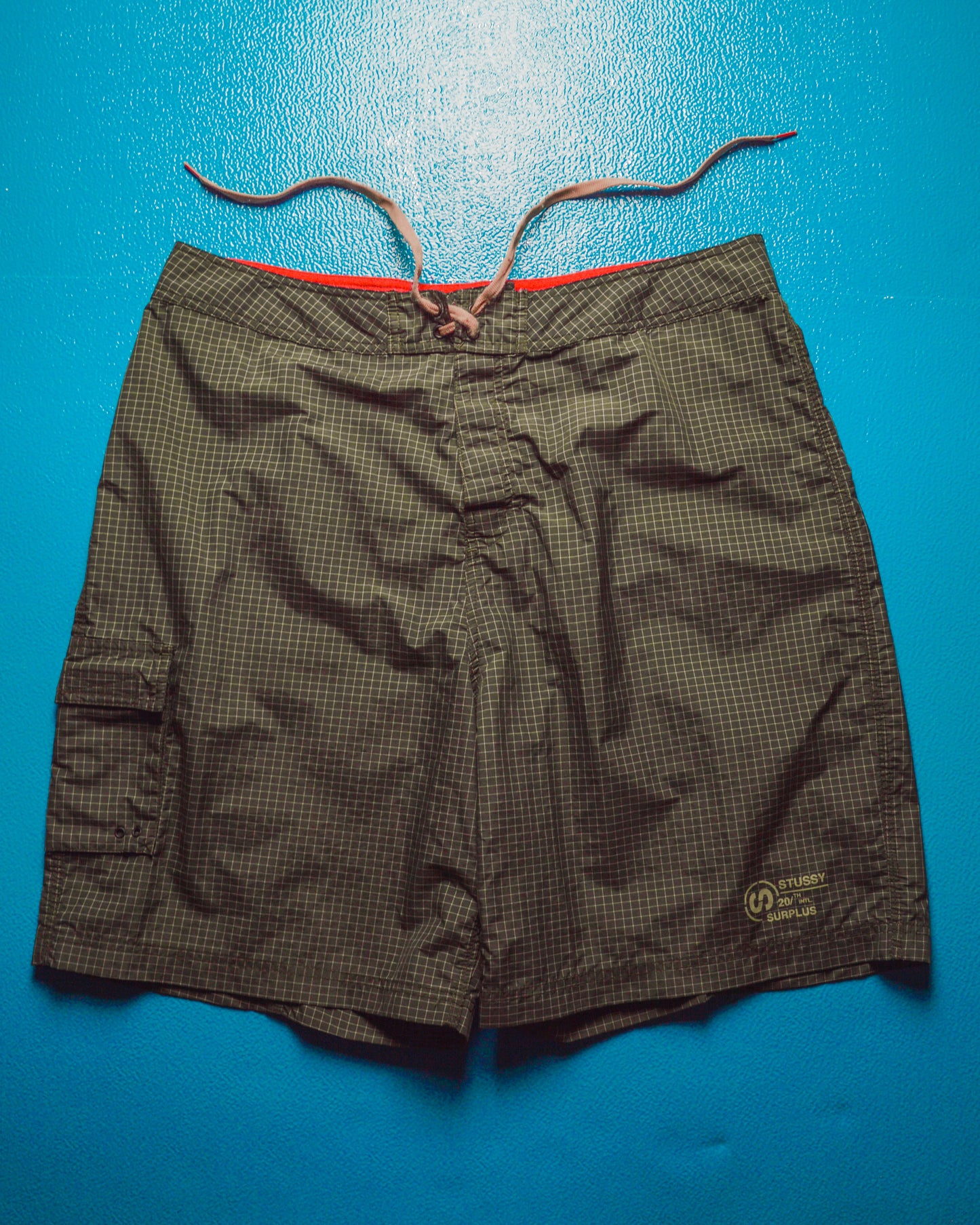 Surplus Olive Grid  Asymmetrical Cargo Board Shorts (38)