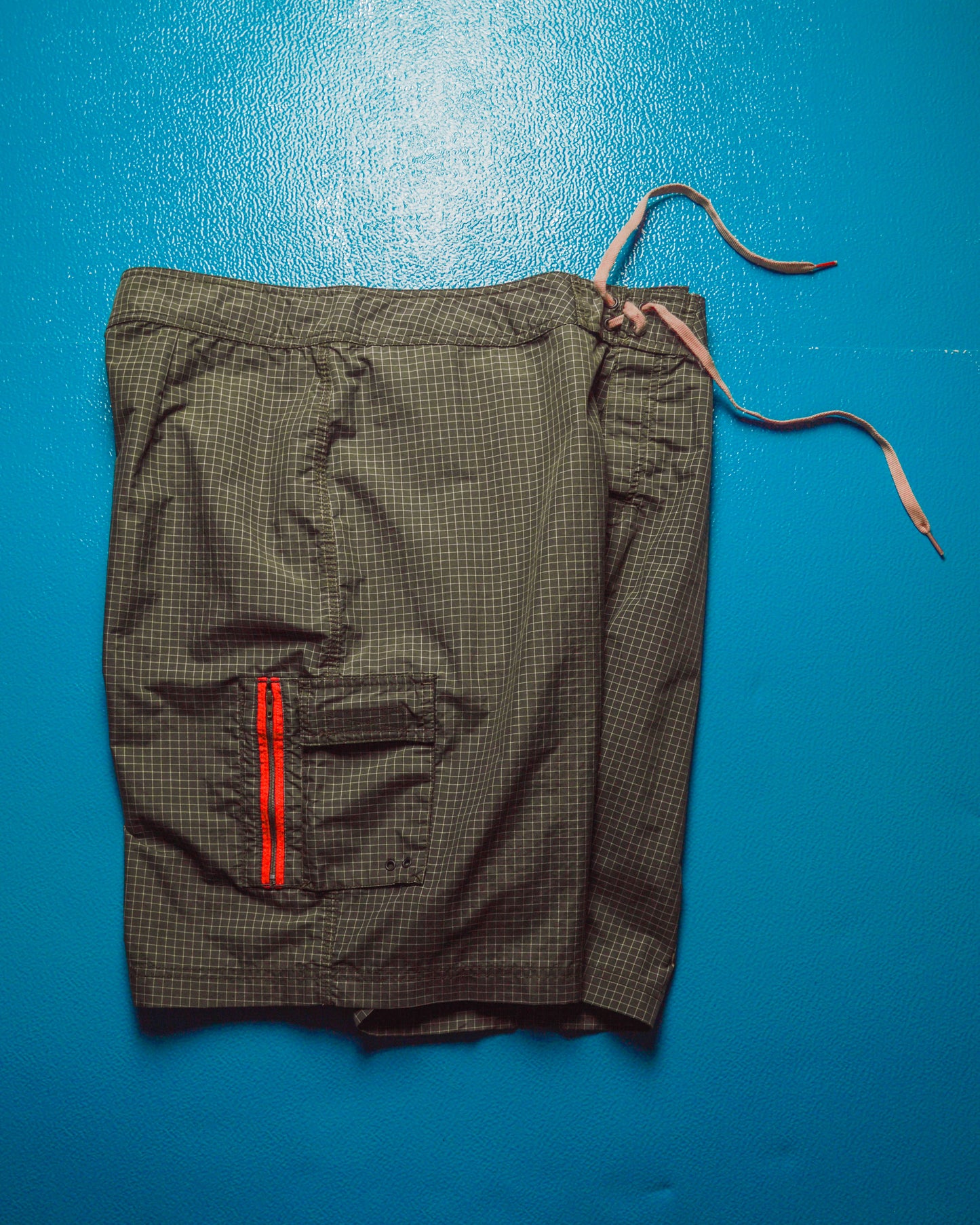Surplus Olive Grid  Asymmetrical Cargo Board Shorts (38)