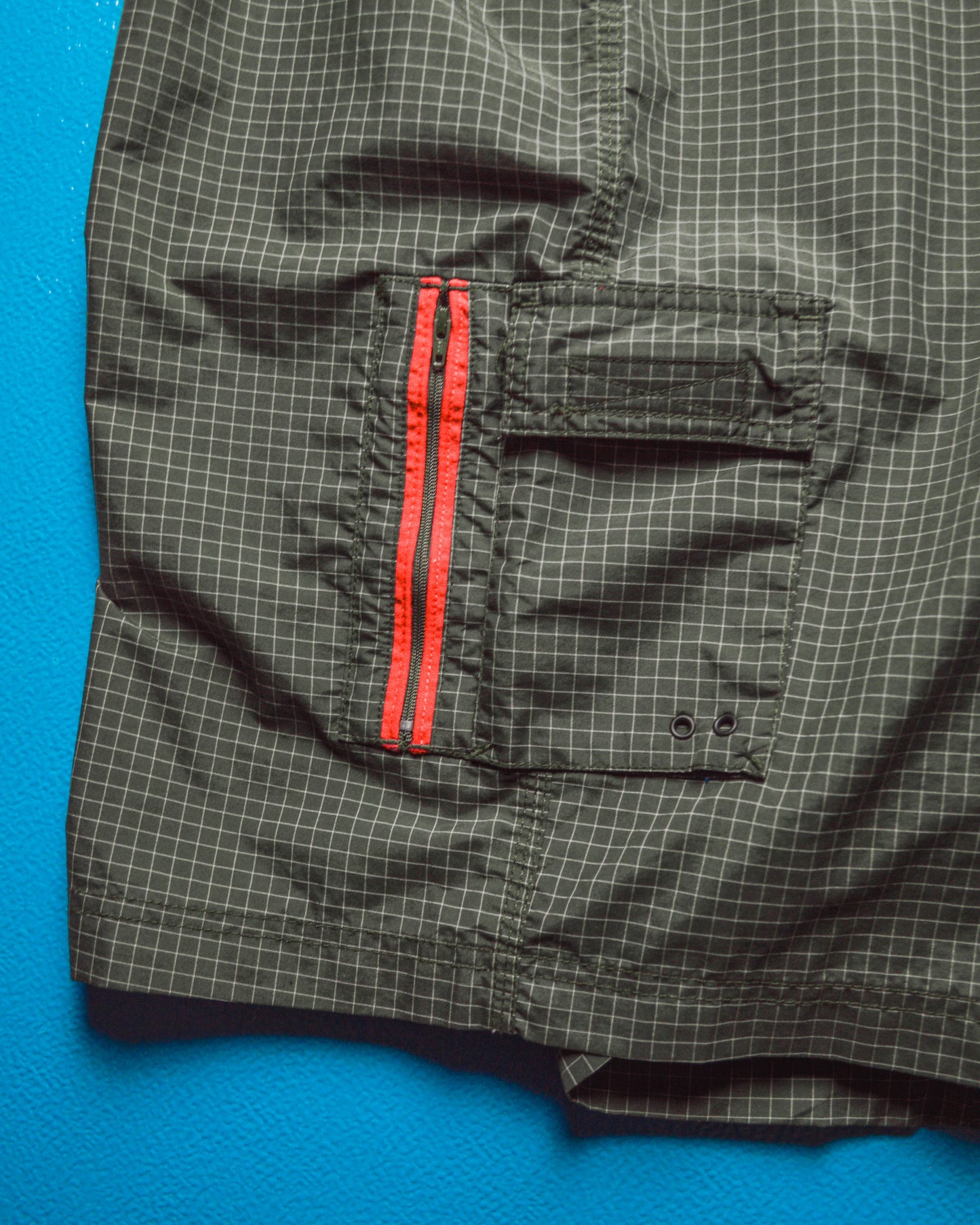 Surplus Olive Grid  Asymmetrical Cargo Board Shorts (38)