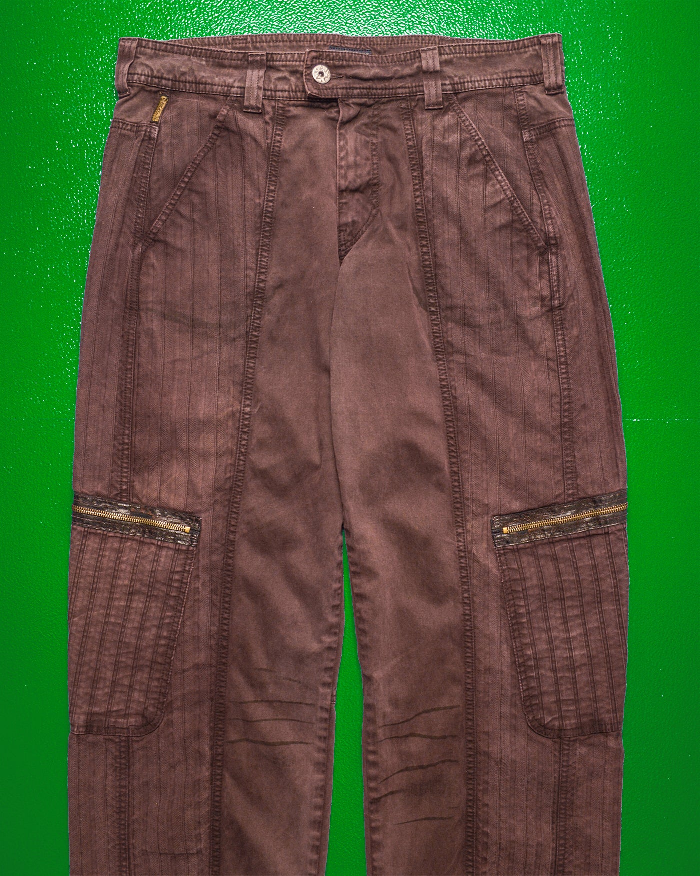 Panelled Faux Patina Washed Maroon Cargo Pants (34~36)
