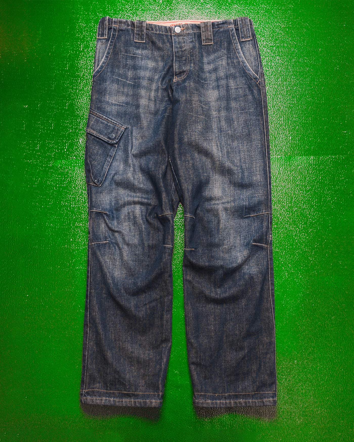 Relaxed Asymmetrical Dark Wash Blue Denim Cargo Pants (33)
