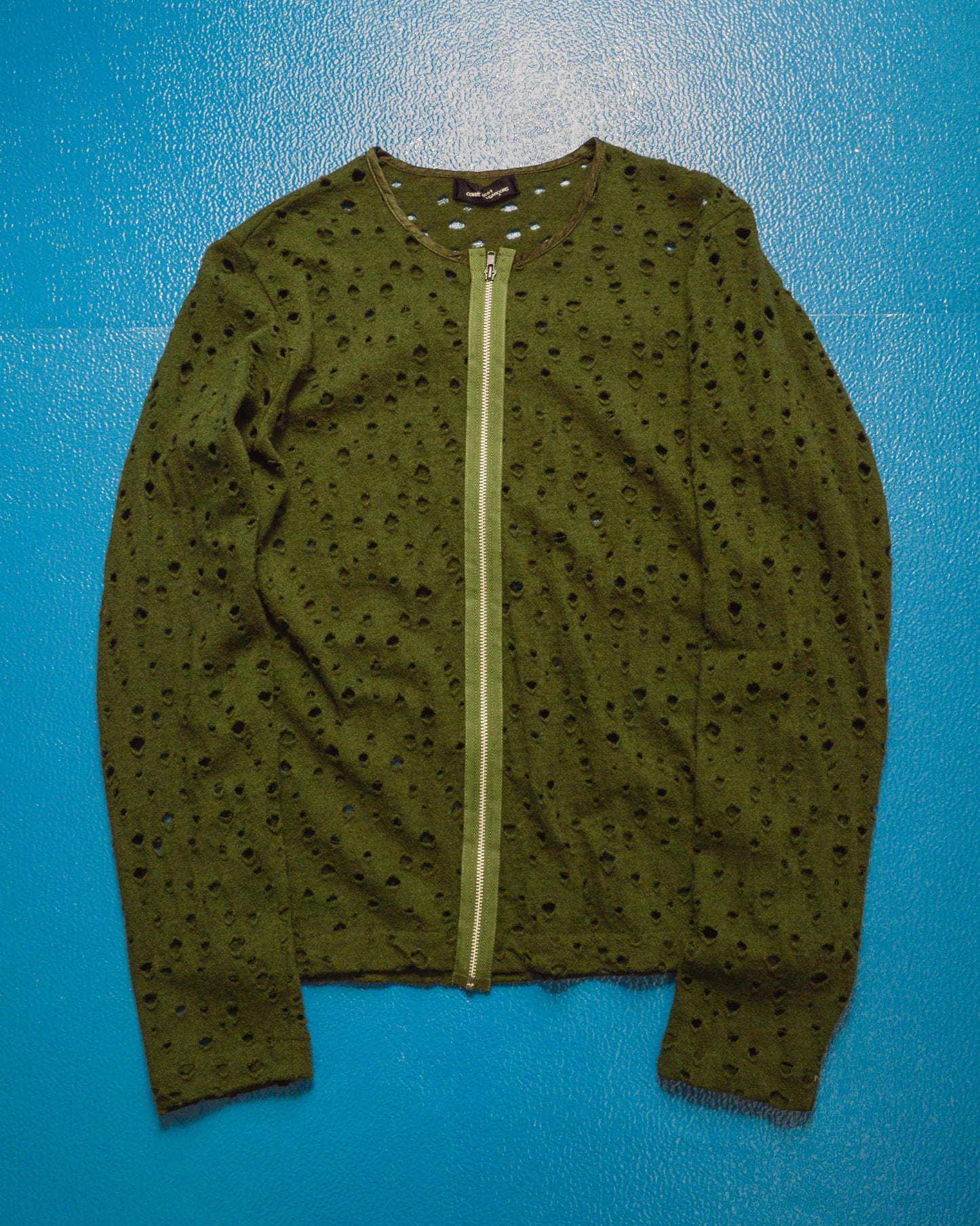 Distressed Holes Green Zip Up Cardigan (~M~)
