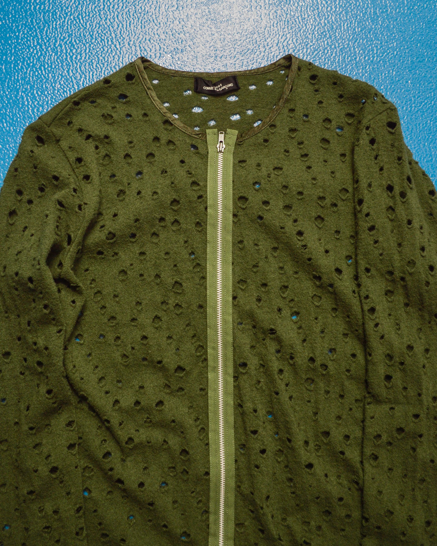 Distressed Holes Green Zip Up Cardigan (~M~)