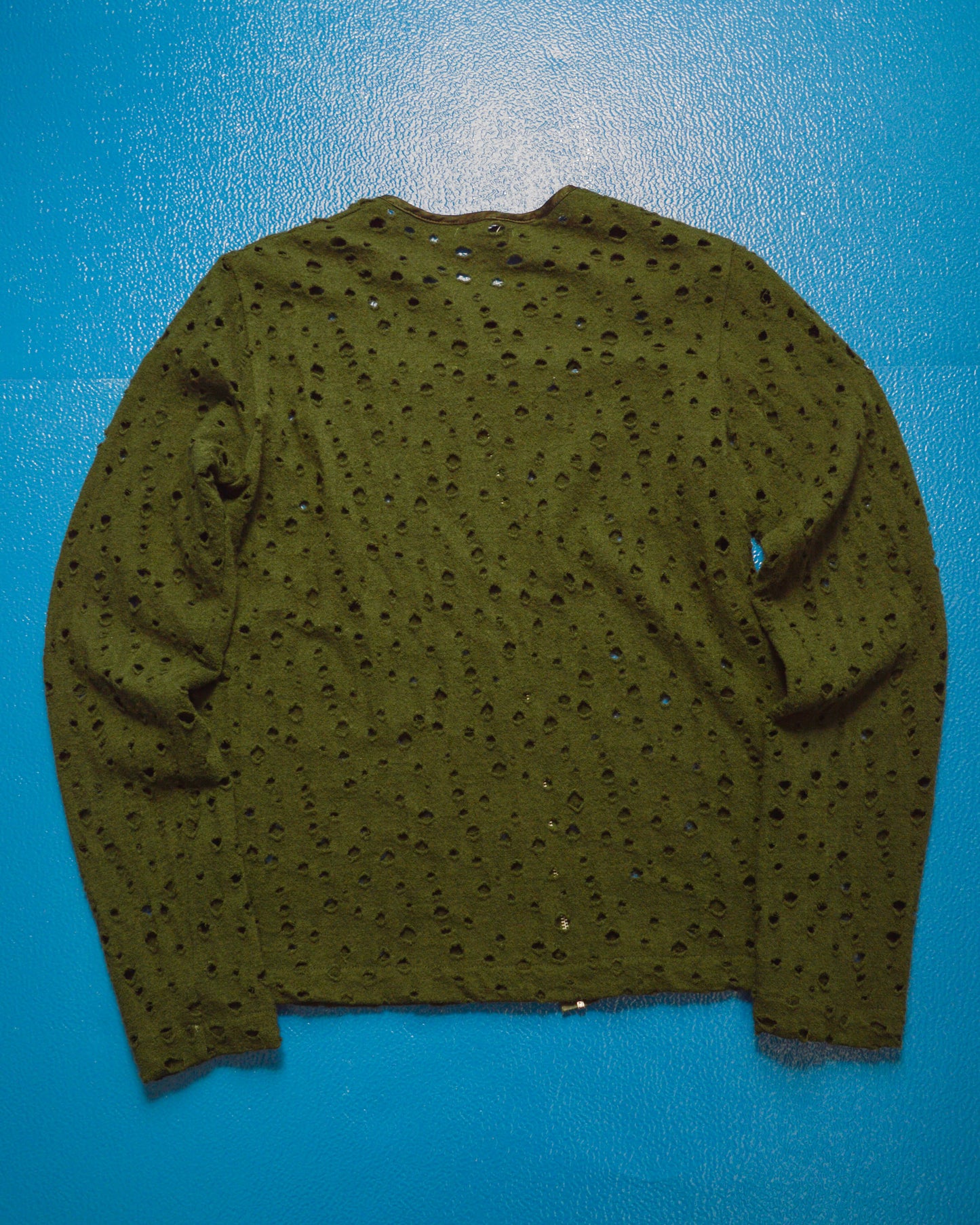 Distressed Holes Green Zip Up Cardigan (~M~)