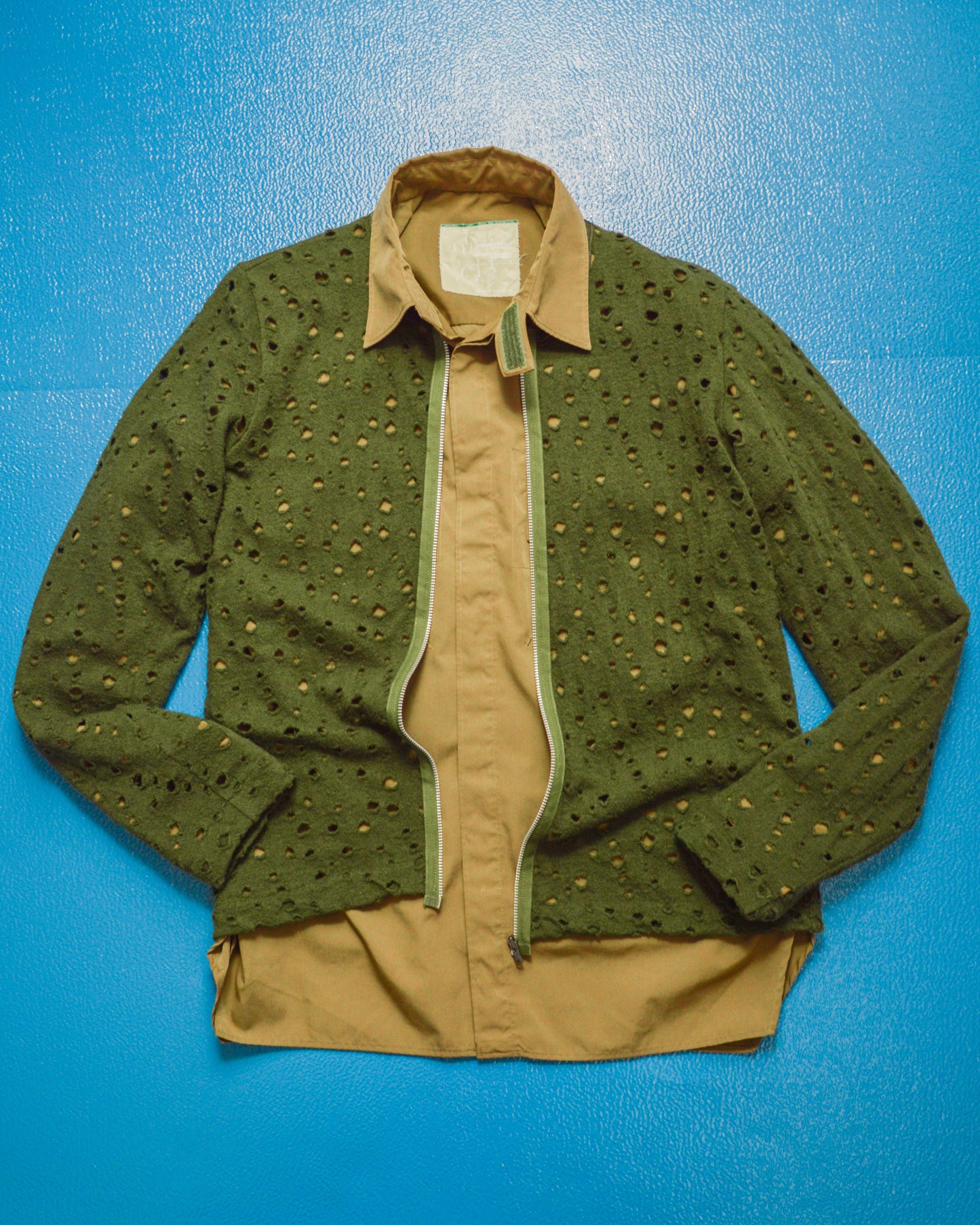 Distressed Holes Green Zip Up Cardigan (~M~)