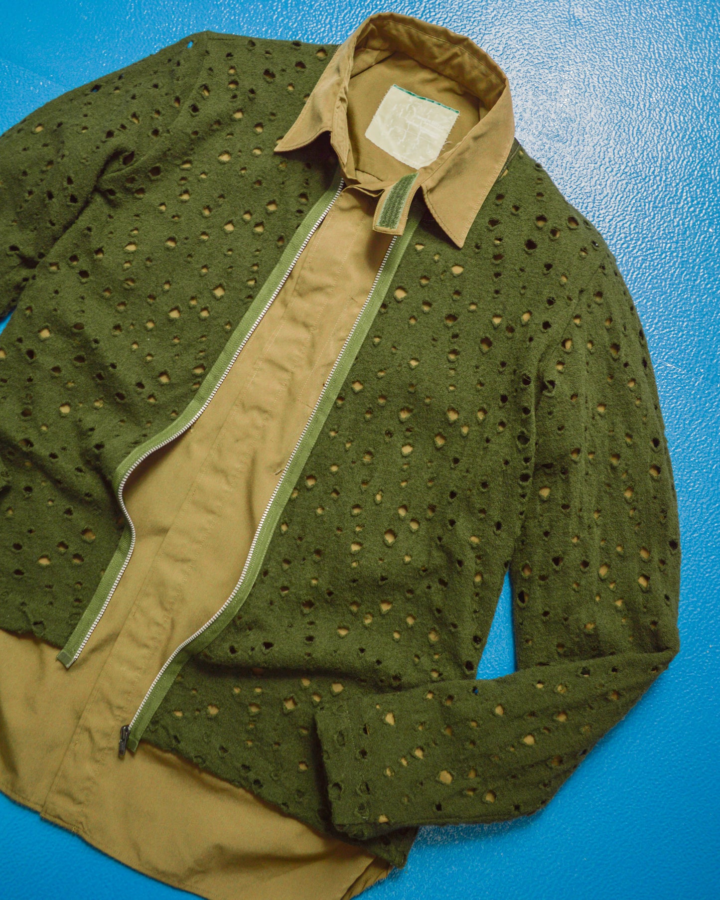 Distressed Holes Green Zip Up Cardigan (~M~)