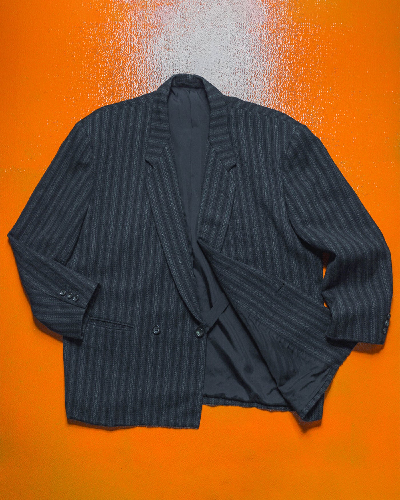 80s Double Breasted Navy Striped Jacket + Trousers Suit (S~M)