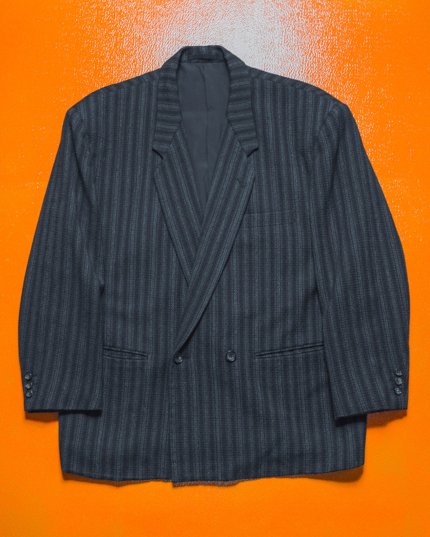 80s Double Breasted Navy Striped Jacket + Trousers Suit (S~M)