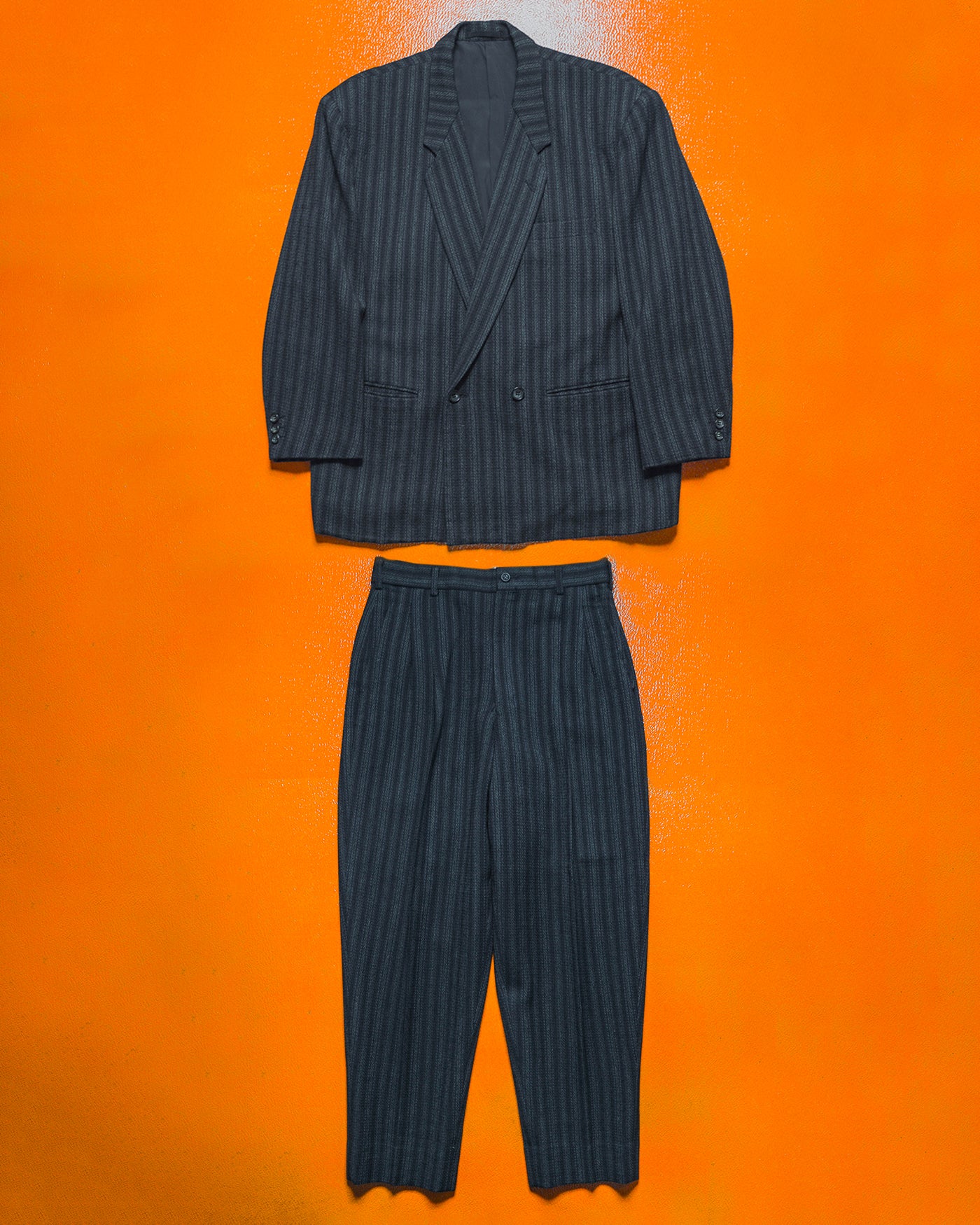 80s Double Breasted Navy Striped Jacket + Trousers Suit (S~M)