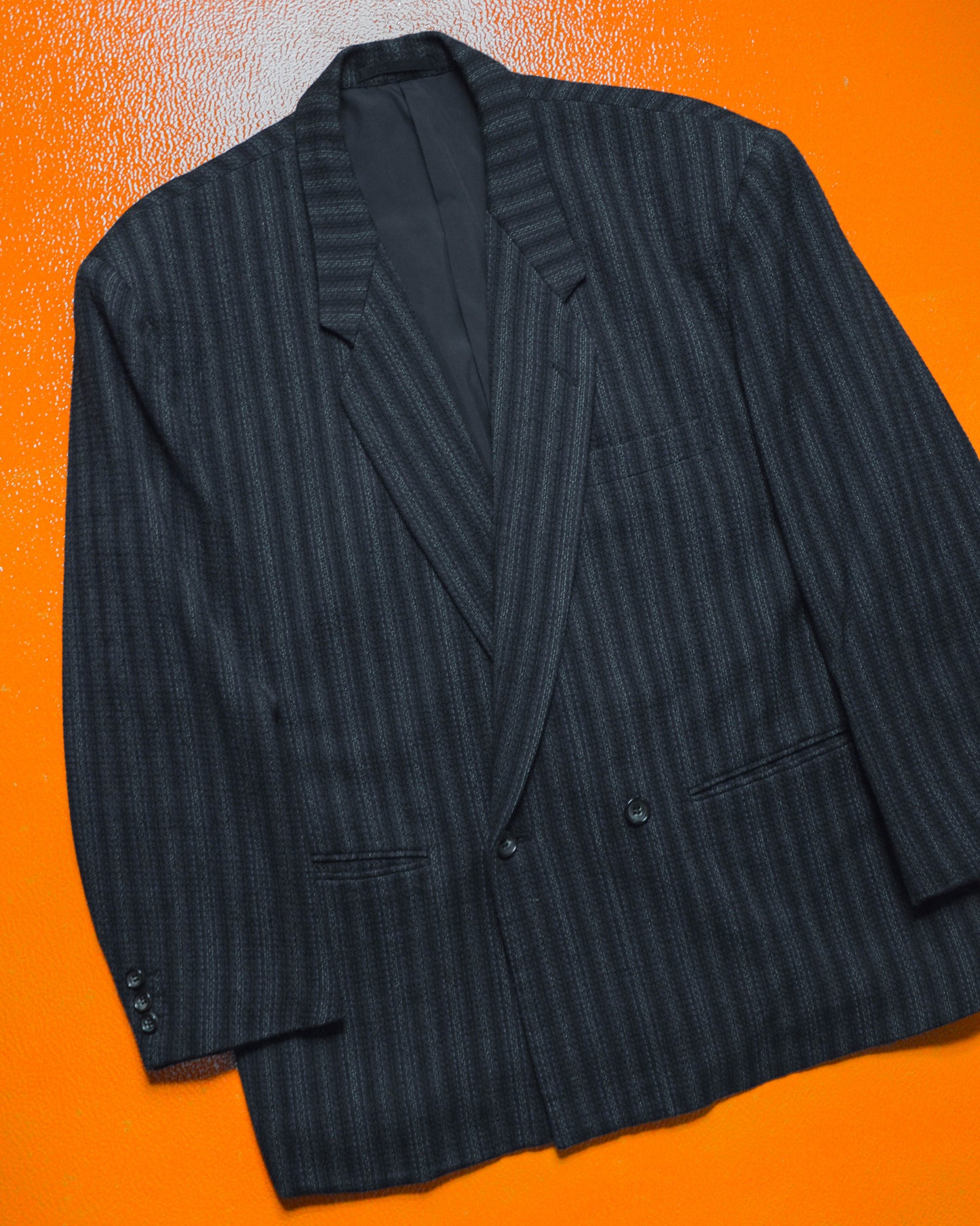 80s Double Breasted Navy Striped Jacket + Trousers Suit (S~M)