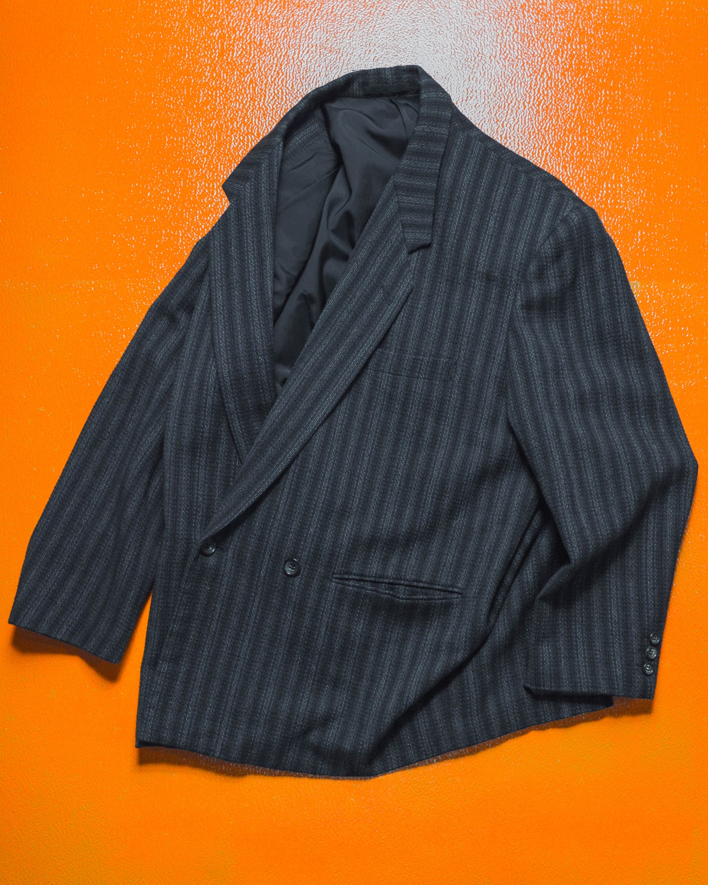 80s Double Breasted Navy Striped Jacket + Trousers Suit (S~M)