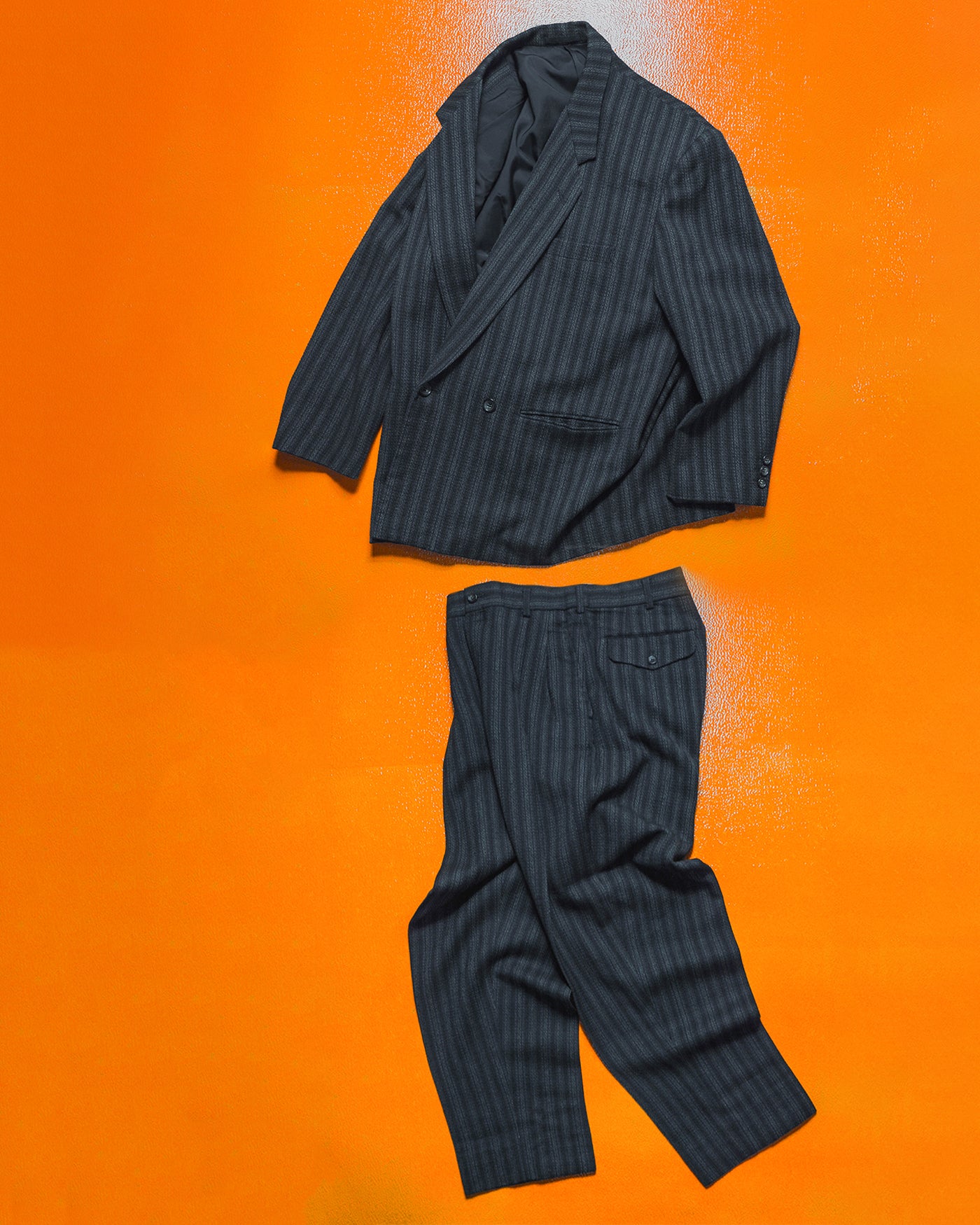 80s Double Breasted Navy Striped Jacket + Trousers Suit (S~M)