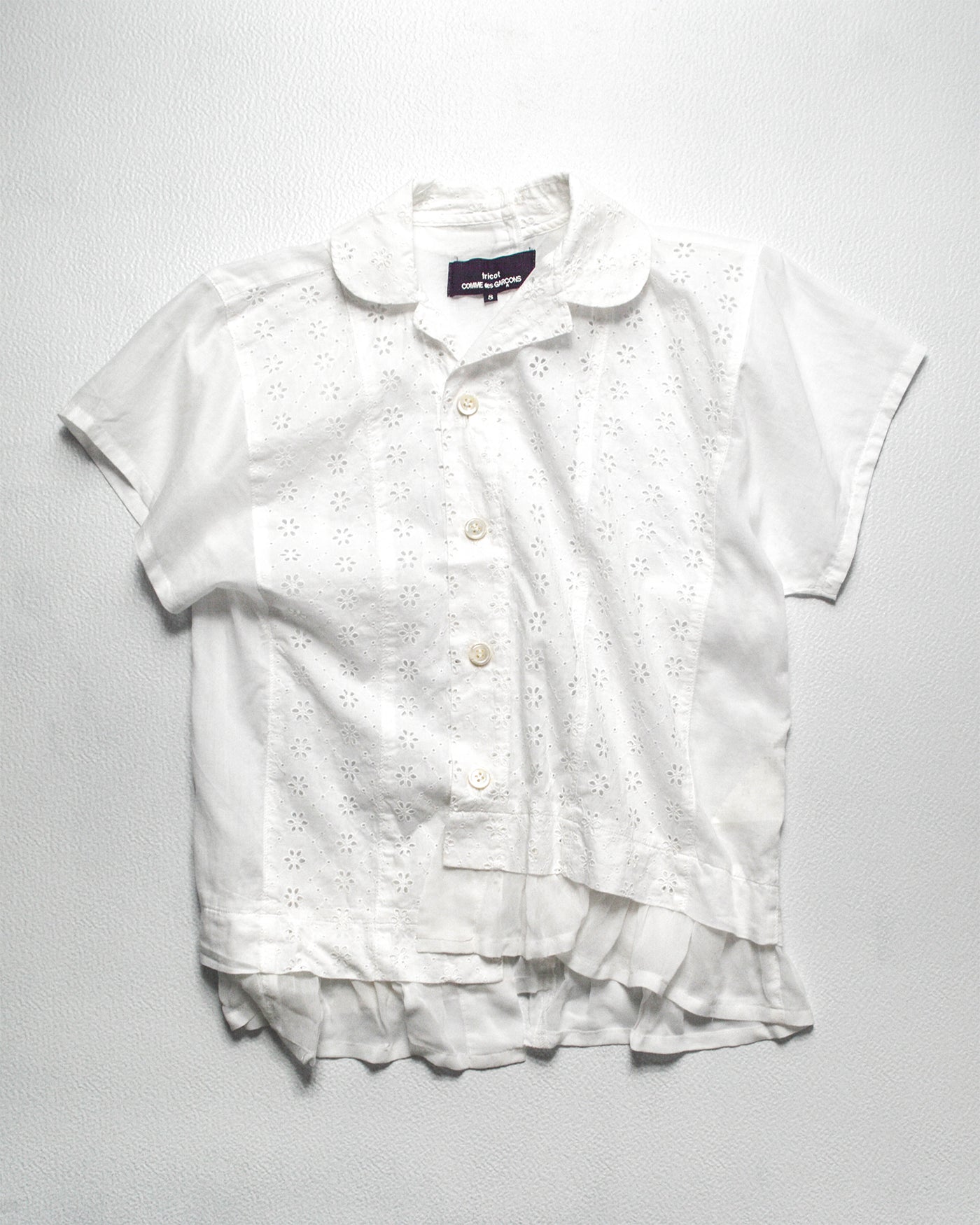 2011 Asymettrical White Floral Lace Panelled Button Up Shirt (S)