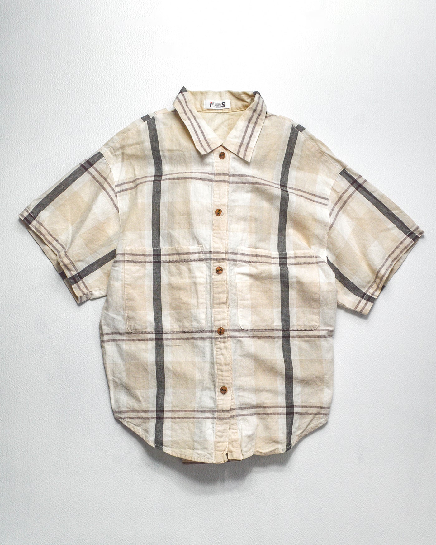Tsumori Chisato 80s Adjustable Double Button Up Placket Cream Plaid Shirt (M)
