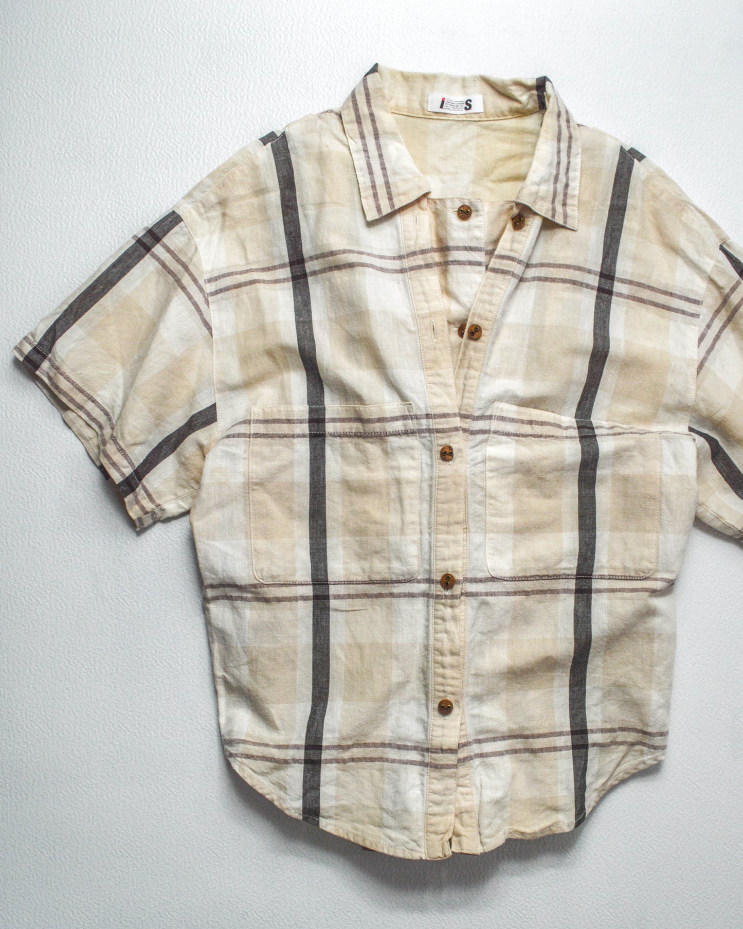 Tsumori Chisato 80s Adjustable Double Button Up Placket Cream Plaid Shirt (M)