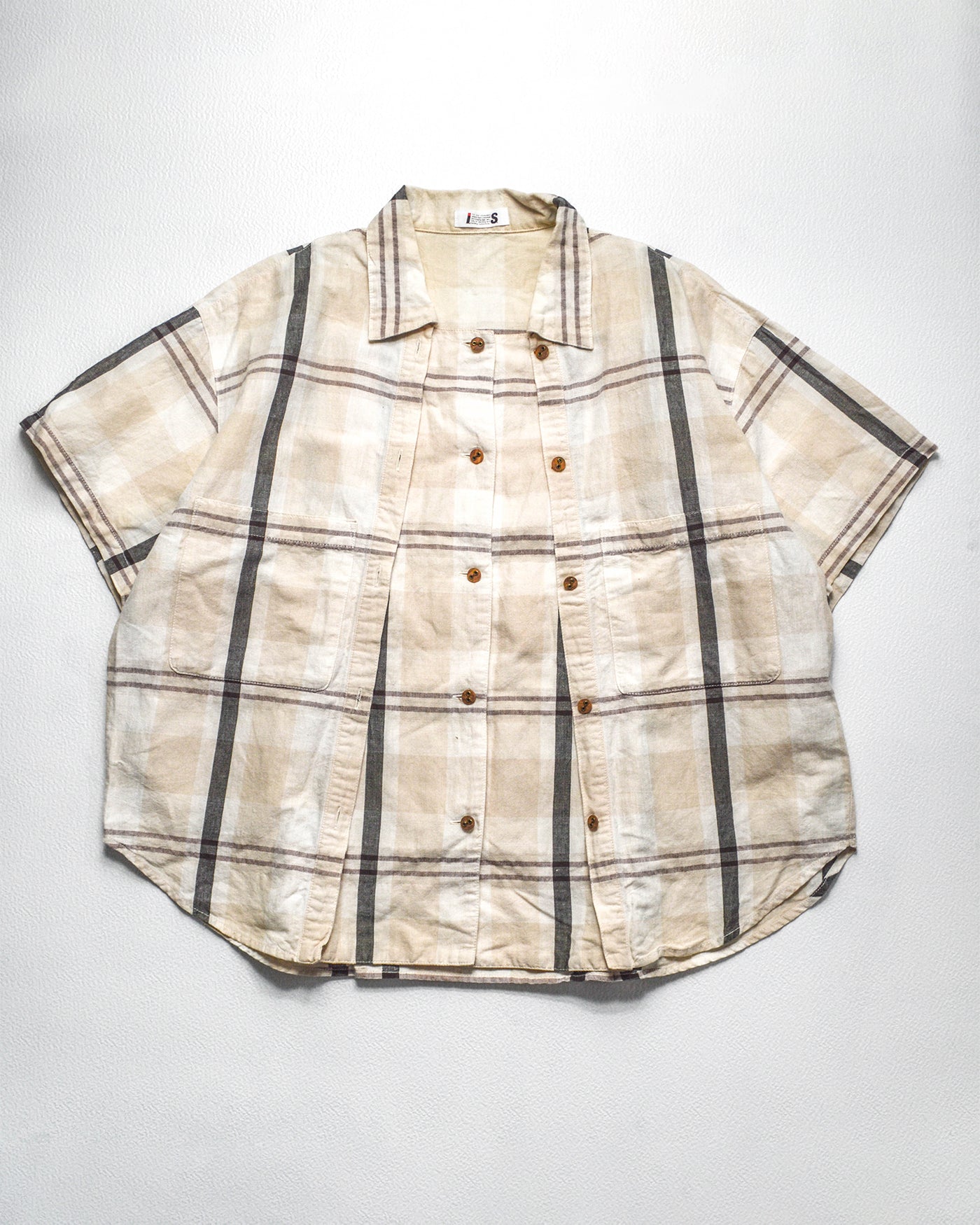 Tsumori Chisato 80s Adjustable Double Button Up Placket Cream Plaid Shirt (M)