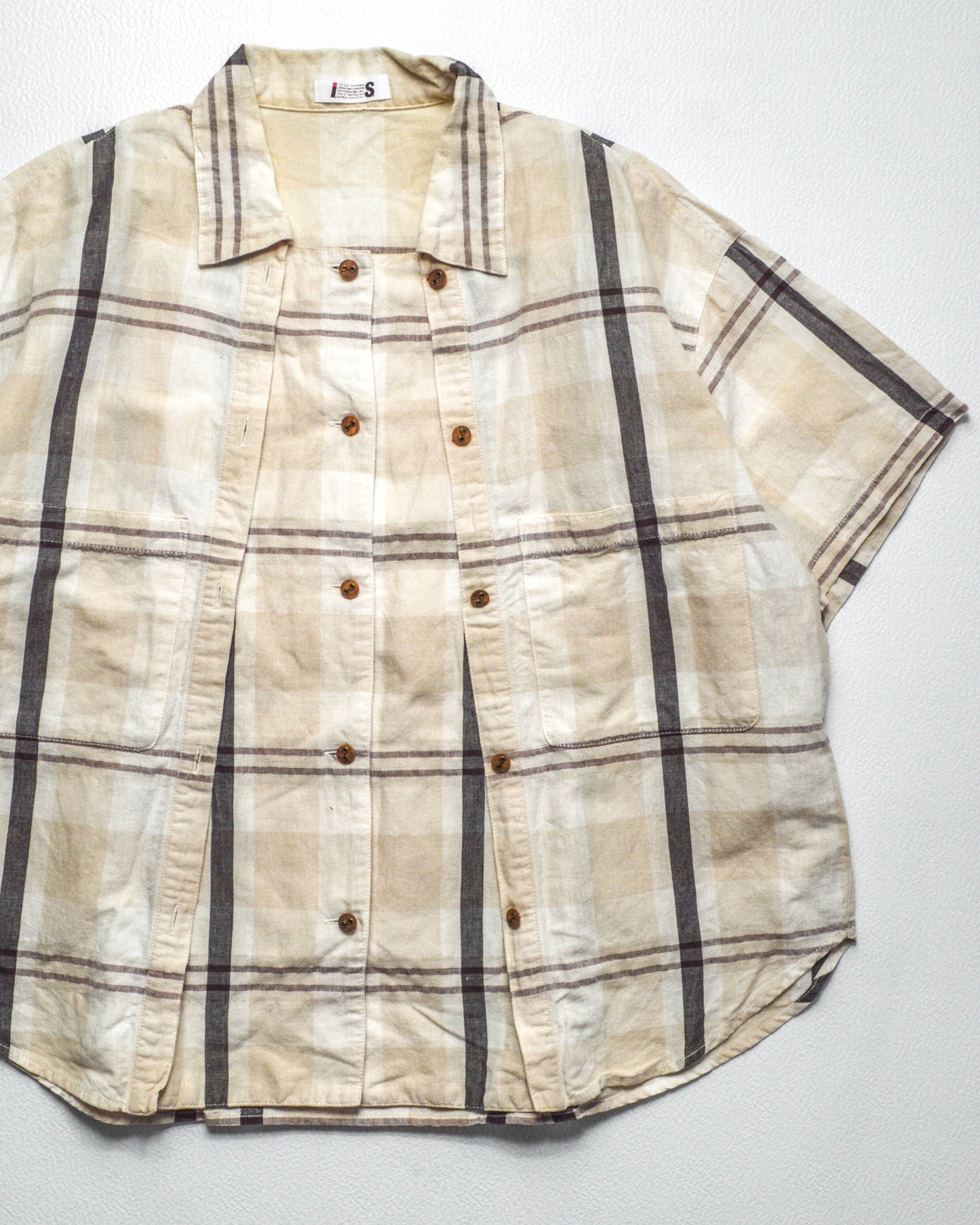 Tsumori Chisato 80s Adjustable Double Button Up Placket Cream Plaid Shirt (M)