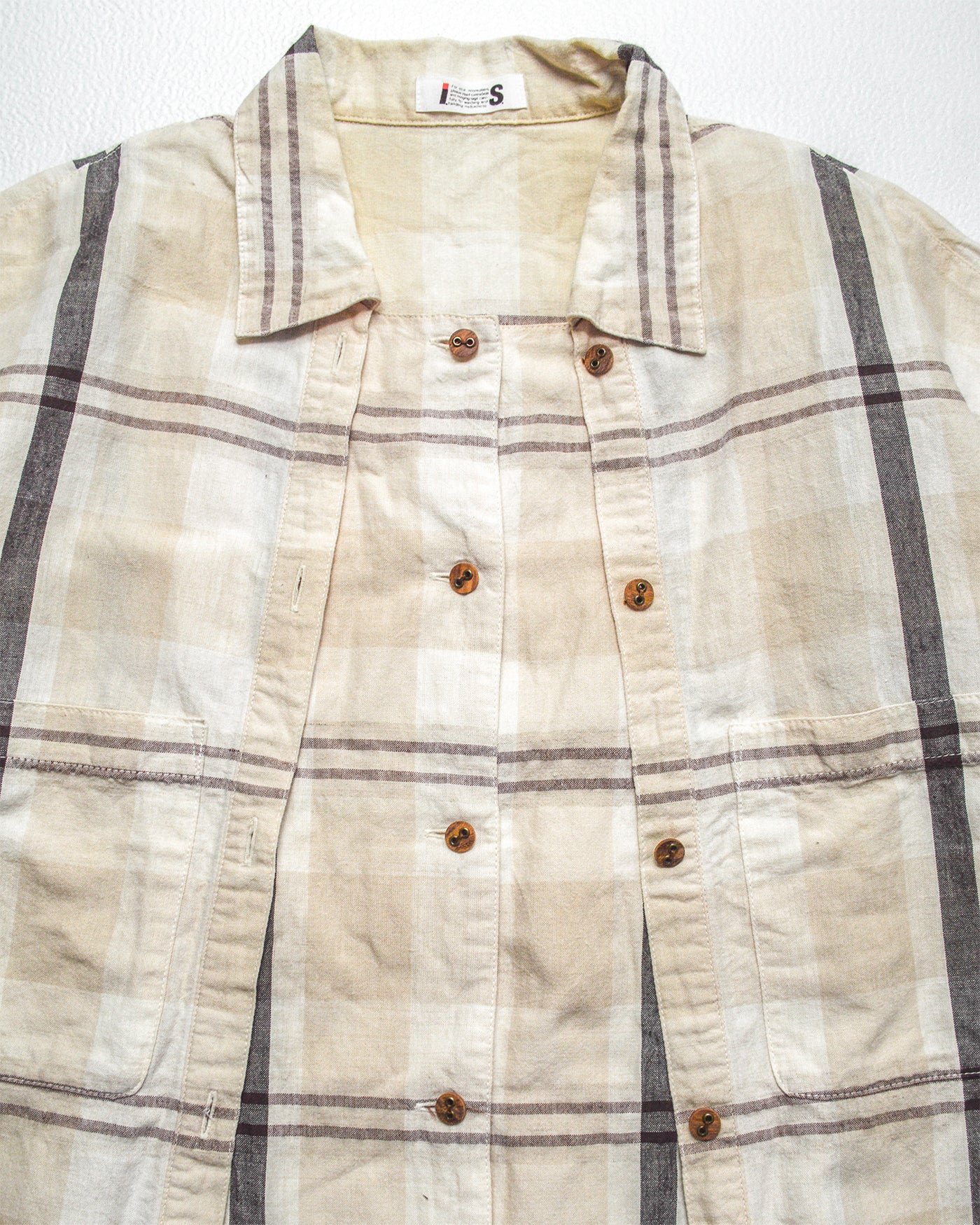 Tsumori Chisato 80s Adjustable Double Button Up Placket Cream Plaid Shirt (M)