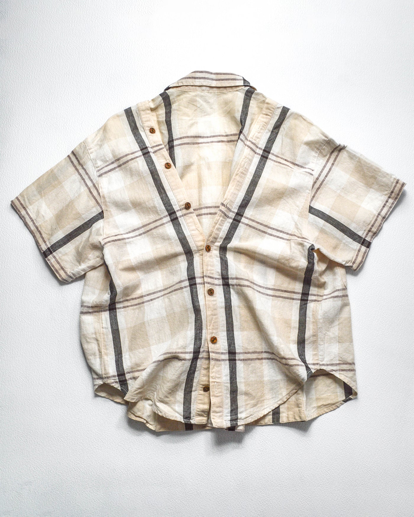 Tsumori Chisato 80s Adjustable Double Button Up Placket Cream Plaid Shirt (M)