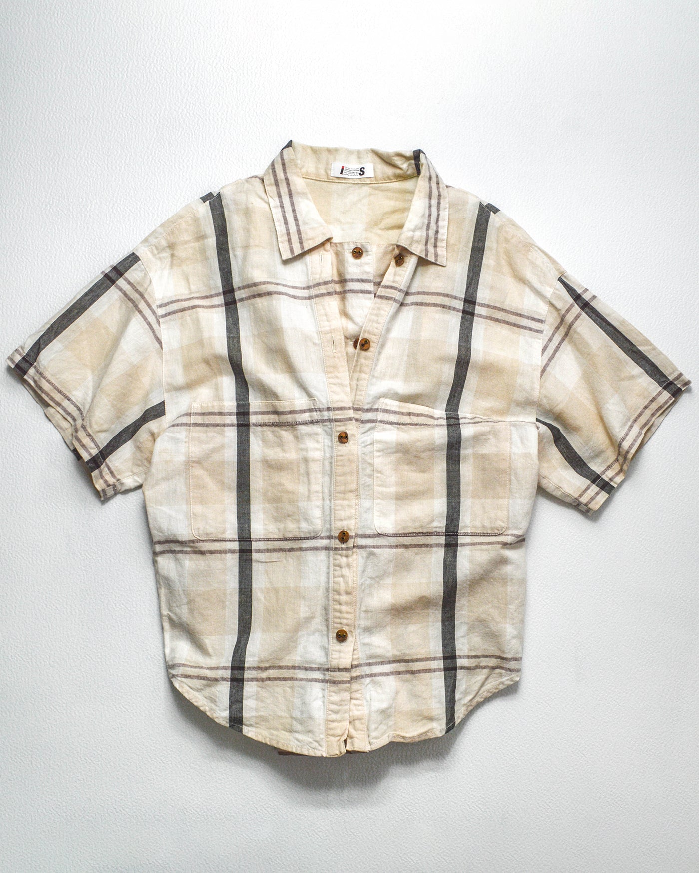 Tsumori Chisato 80s Adjustable Double Button Up Placket Cream Plaid Shirt (M)