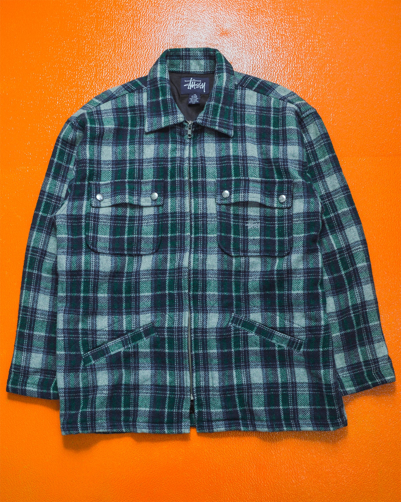90s Wool Blend Navy / Green Plaid Zip Up Jacket (M)