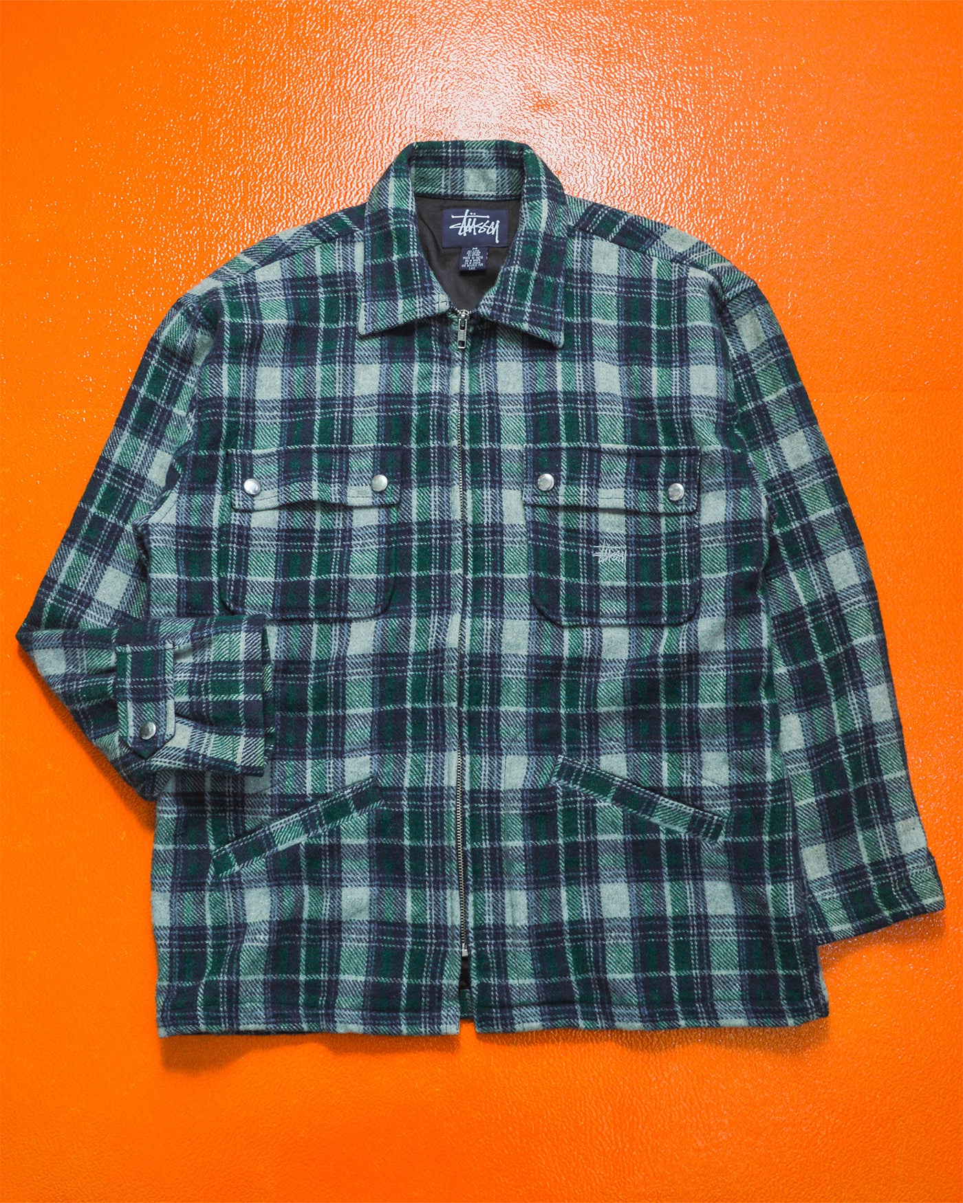90s Wool Blend Navy / Green Plaid Zip Up Jacket (M)