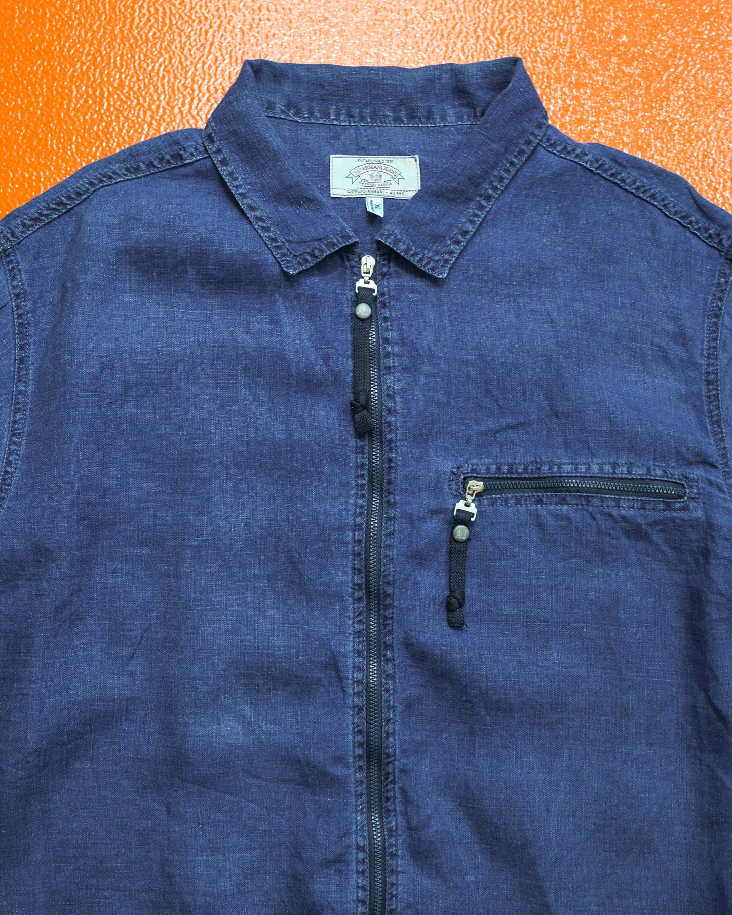 Armani Lino Flax / Linen "Low Environmental Impact" Navy Zip Up Over Shirt (L~XL)