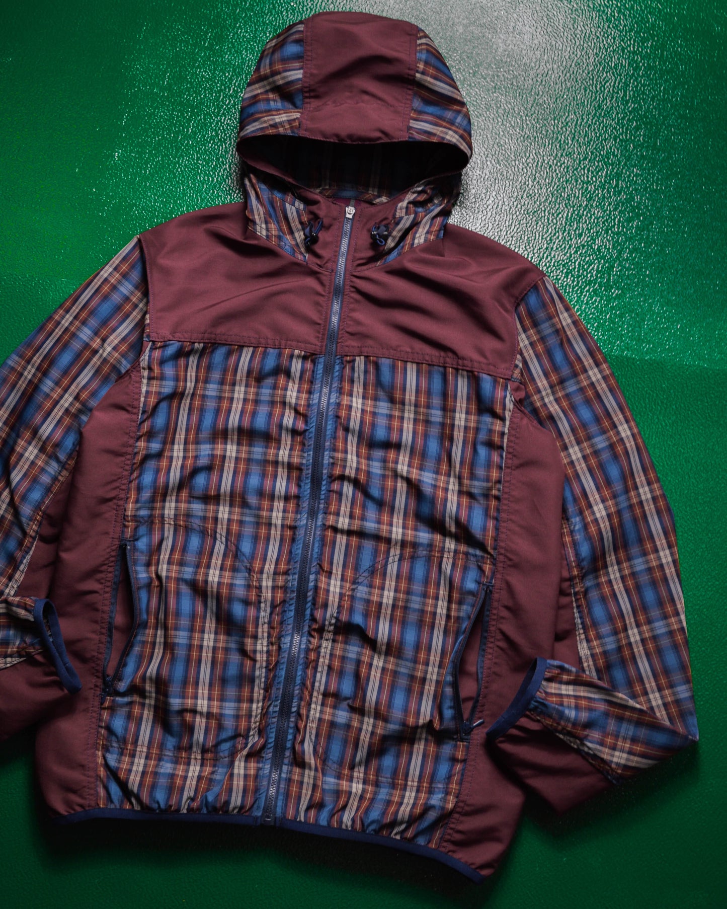 Comme Des Garçons Homme 2012 Panelled Plaid Burgundy / Navy Windbreaker Jacket (~M~)