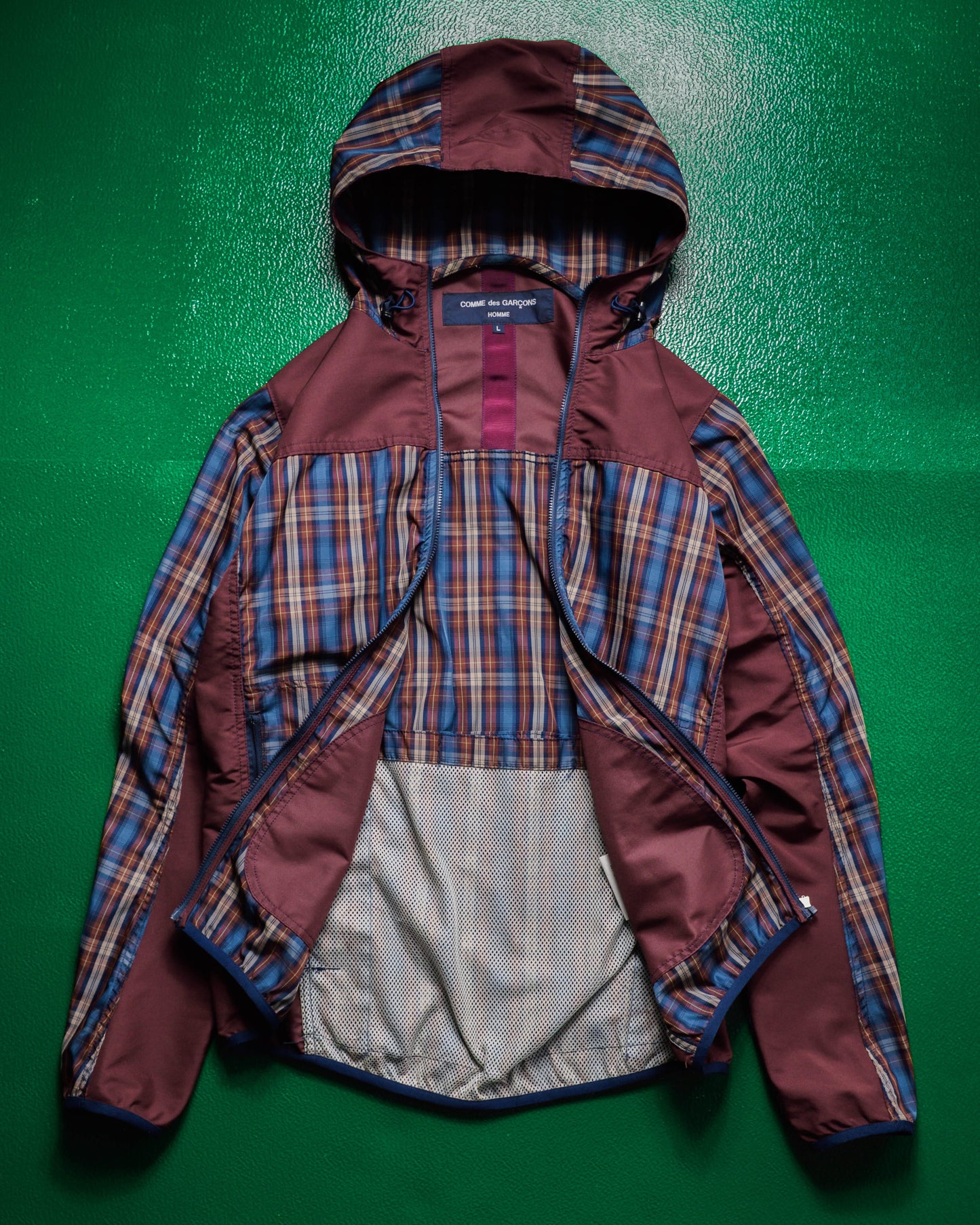 Comme Des Garçons Homme 2012 Panelled Plaid Burgundy / Navy Windbreaker Jacket (~M~)