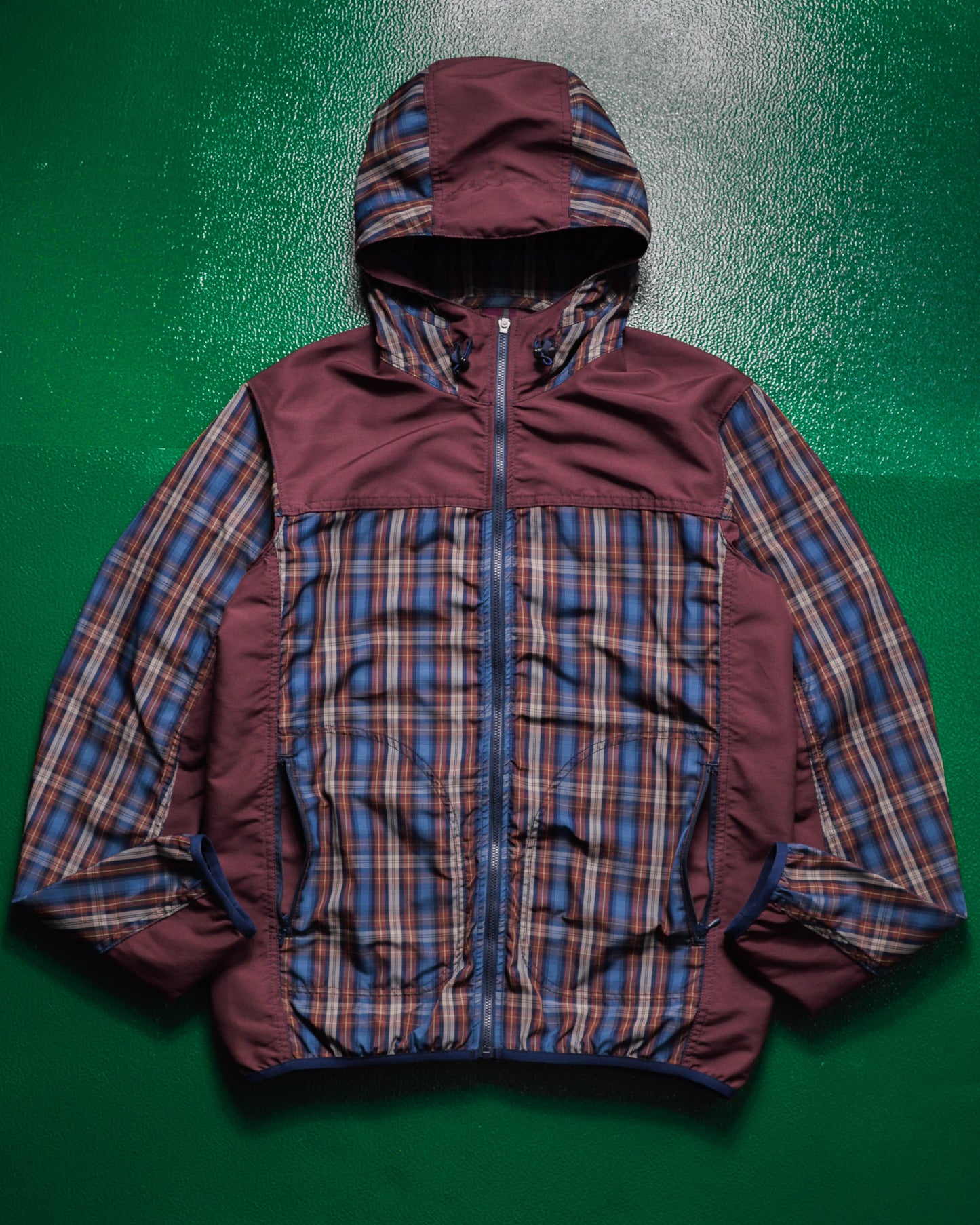 Comme Des Garçons Homme 2012 Panelled Plaid Burgundy / Navy Windbreaker Jacket (~M~)