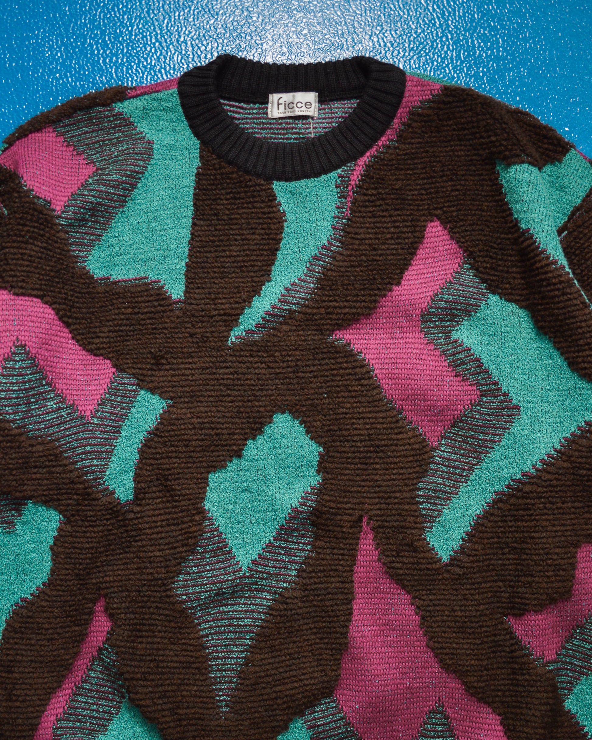 Ficce /Yoshiyuki Konishi Teal / Magenta / Brown / Black Abstract Multi Layered Woven Knit Jumper (~M~)