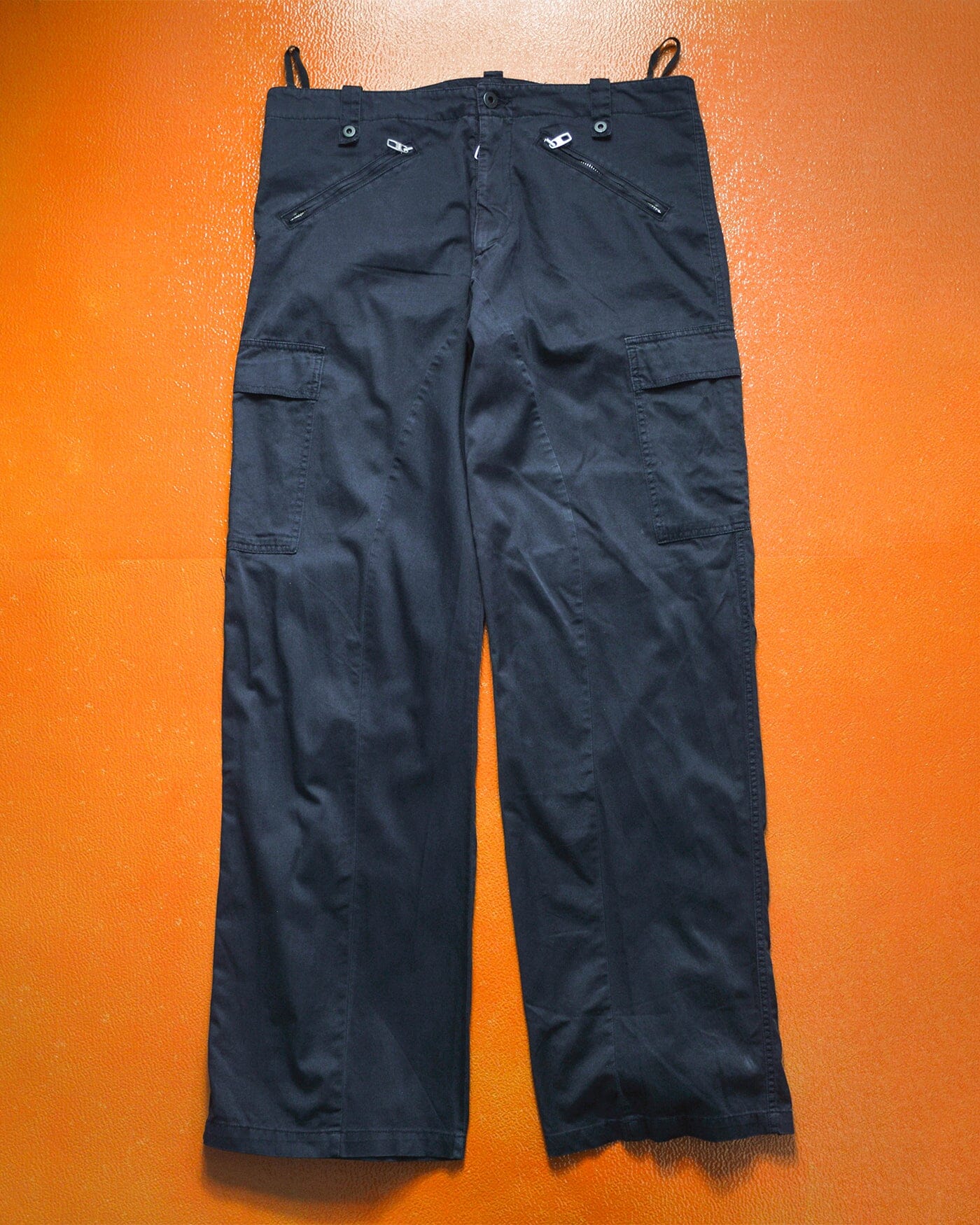 Griffin Panelled Zip Hem Gusset Wide Washed Navy Cargo Pants (34~36)