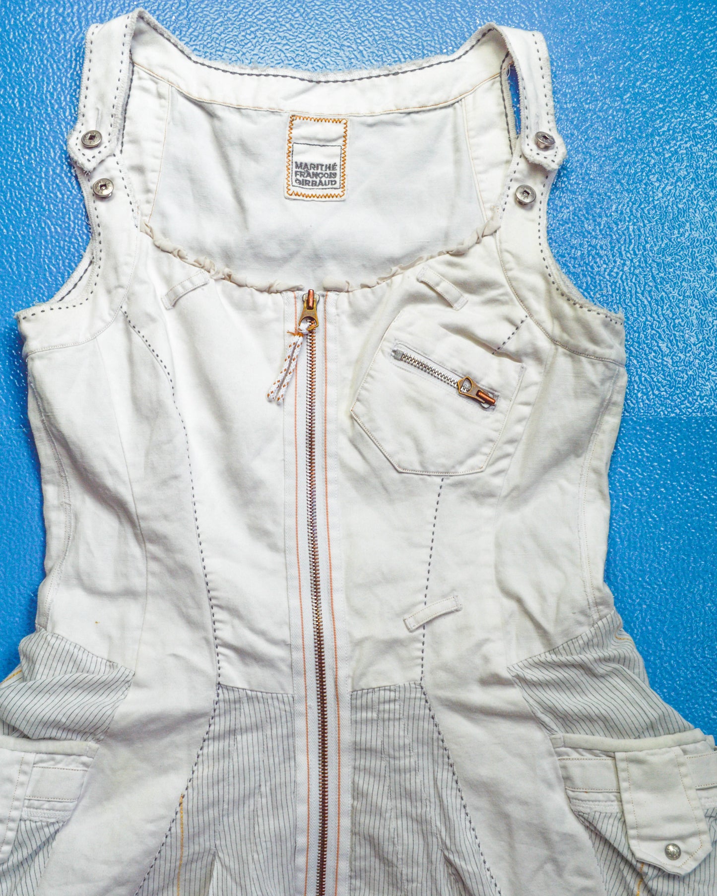 Marithe Francois Girbaud Early 2000s Cargo Pinstriped Balloon Style Cargo Pocket Zip Dress (42)