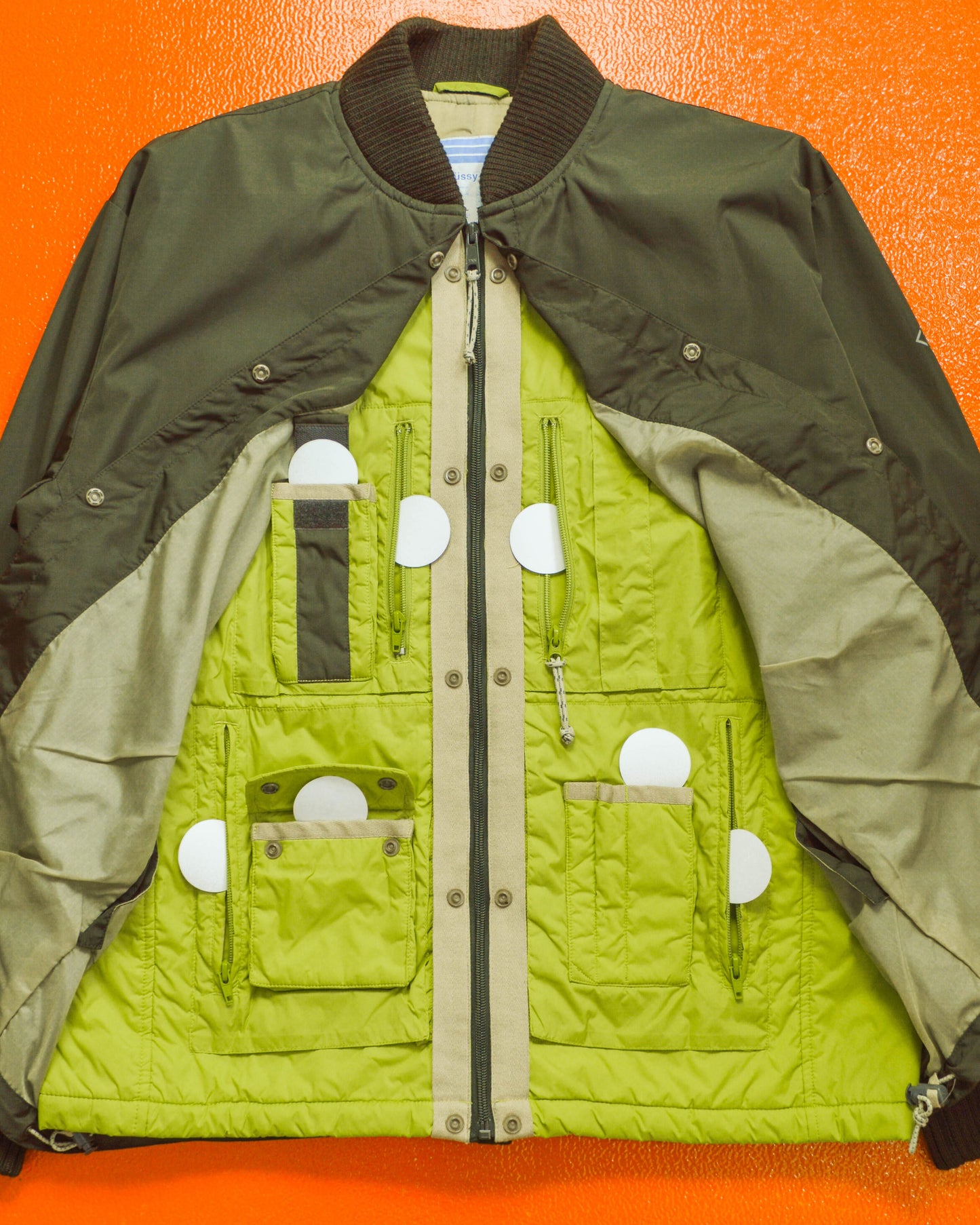 Stussy F.I.T Olive Brown / Lime Green X-Ray Hidden Tactical Vest Bomber Jacket (XL)