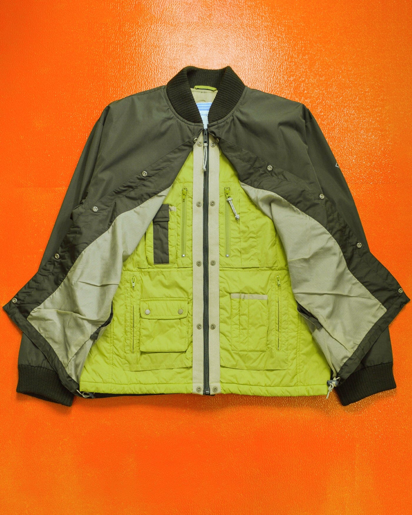 Stussy F.I.T Olive Brown / Lime Green X-Ray Hidden Tactical Vest Bomber Jacket (XL)