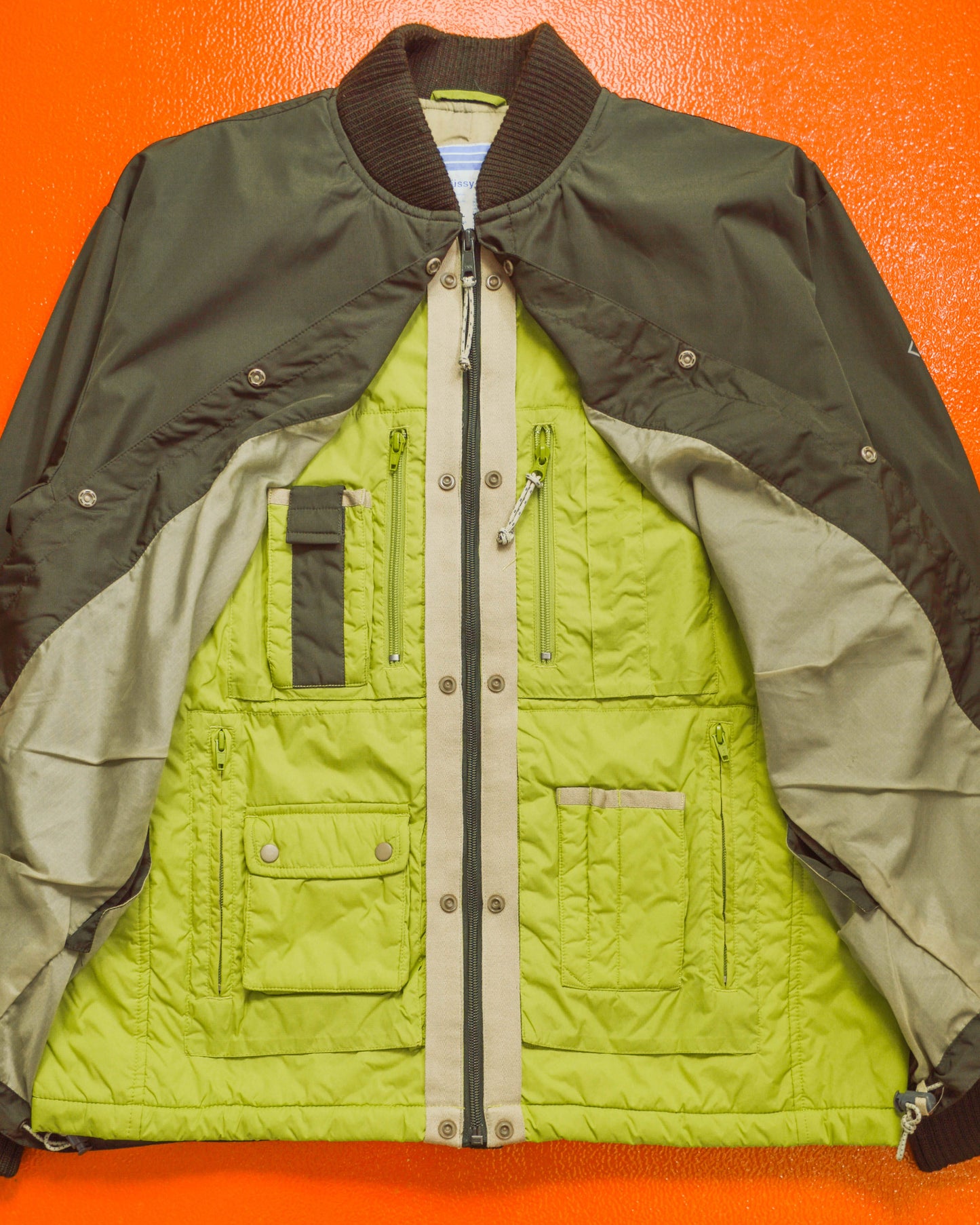 Stussy F.I.T Olive Brown / Lime Green X-Ray Hidden Tactical Vest Bomber Jacket (XL)