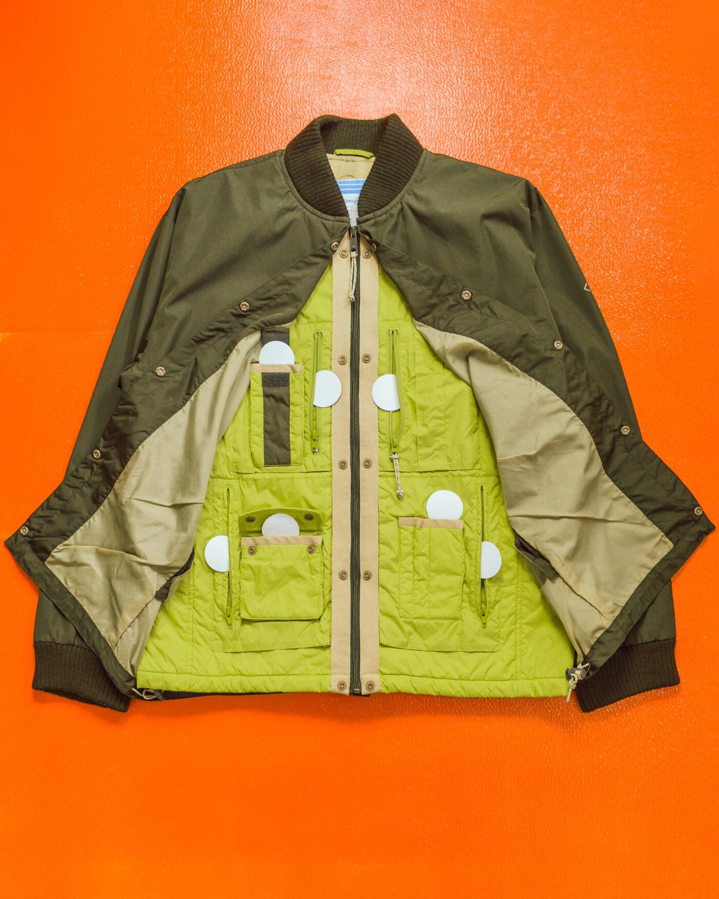 Stussy F.I.T Olive Brown / Lime Green X-Ray Hidden Tactical Vest Bomber Jacket (XL)